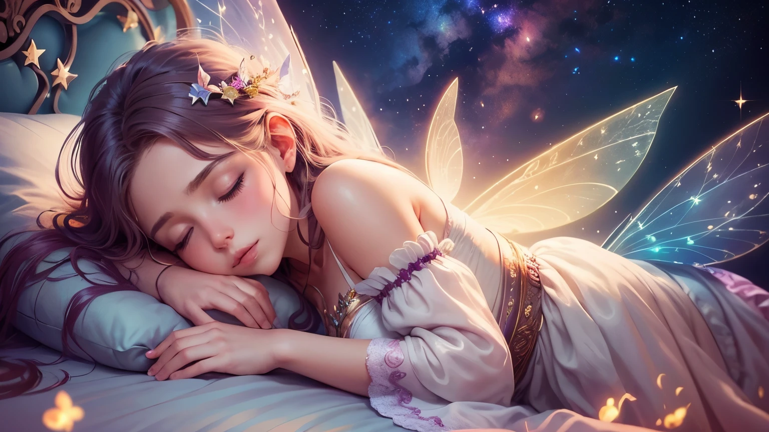 A beautiful fairy with wings, sleeping, luscious lips, magical lullaby, dreamy atmosphere, starry sky, enchanting character, bedtime fairy tale, colorful clouds above, magical night, high-quality, mysterious, whimsical fantasy, scene from a musical night, sleepy time, fairy tale-like ambiance