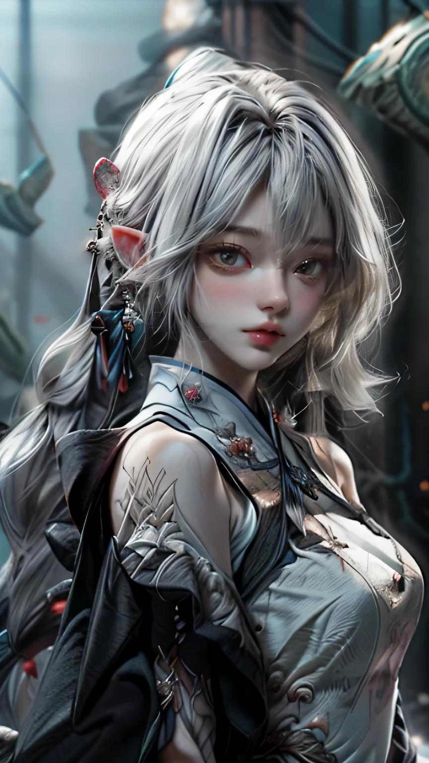 silver hair,wizard's wand,(masterpiece, Highest quality, Highest, official art, beautiful and aesthetic, exposed for a long time: 1.2), smooth movement, attractive pattern, 1 girl, (long dress with sleeves: 1.3), (((white clothes) )), Upper body close-up, bare shoulders, chinese girl, blush, black lob hair, portrait, alone, Upper body, observe the observer, detailed background, detailed face, (crystal AI, crystal theme:1.1), wind elf, Rotating wind, control the wind, White crystal clothes, dynamic pose, suspended particles, ether dynamics, whirlwind, vapor, whirlwind in the background, white tone, whirlwind, great atmosphere,blonde,goblin, silver hair, plump face,emerald green eyes:1.5,random pose