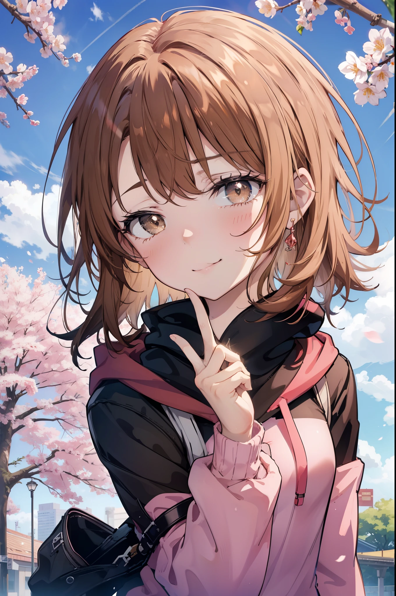 irohaisshiki, iroha isshiki, long hair, brown hair, (brown eyes:1.5), happy smile, smile, open your mouth,Put your hand over your mouth and make a peace sign, 1 girl,towards the camera,pink hoodie　hood up,short denim pants,black tights,short boots,standing alone&#39;my back to the wall、The cherry blossoms have bloomed,Cherry blossoms are scattered,
break indoors, Cherry blossom tree-lined path,
break looking at viewer,Upper body,
break (masterpiece:1.2), highest quality, High resolution, unity 8k wallpaper, (shape:0.8), (fine and beautiful eyes:1.6), highly detailed face, perfect lighting, Very detailed CG, (perfect hands, perfect anatomy),
