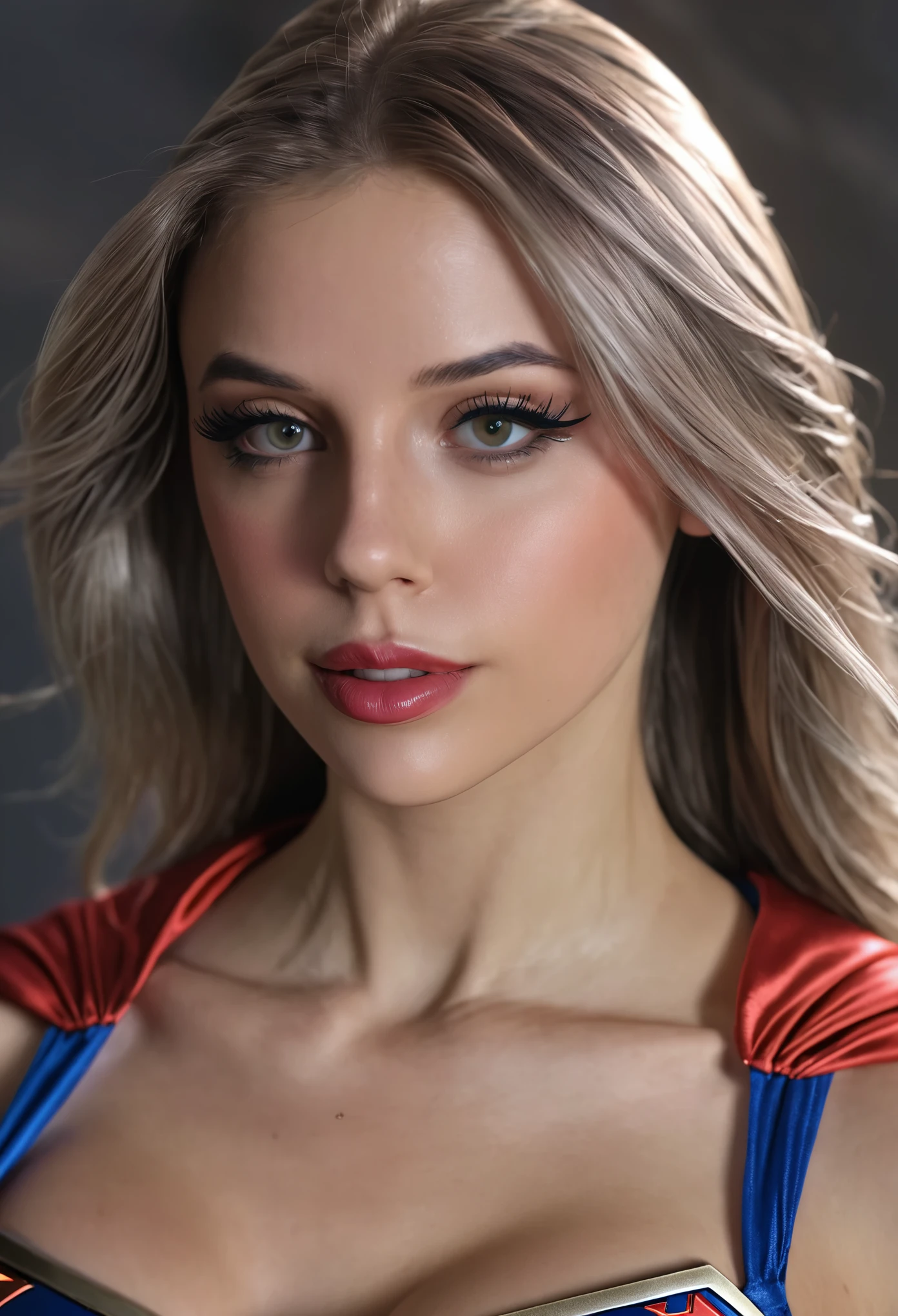 A beautiful sexy woman wearing a Supergirl cosplay outfit, detailed realistic 4k highres masterpiece:1.2, UHD