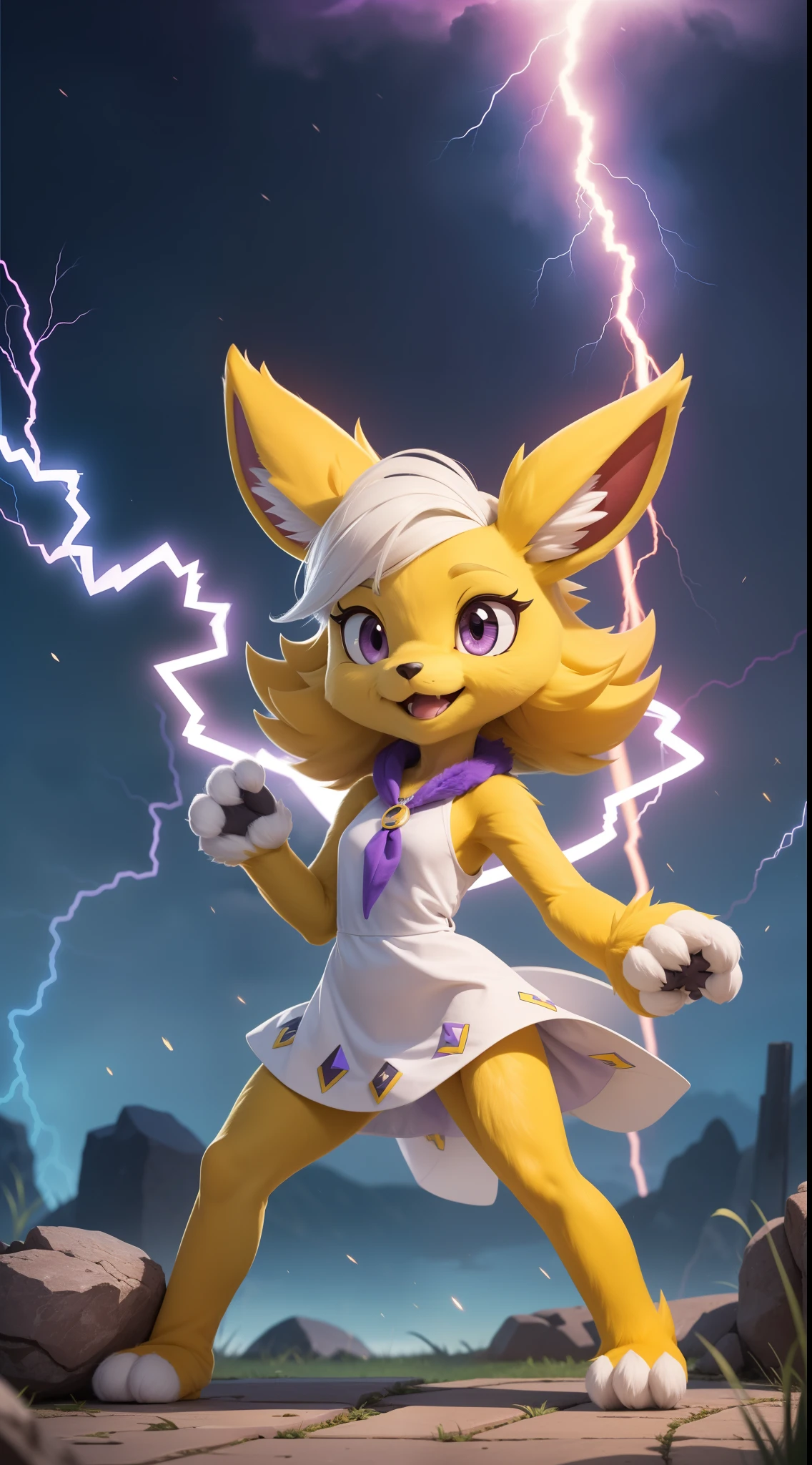 masterpiece, best quality, HD, ultra-detailed, 1girl, vivid colors, Pokémon Jolteon, Yellow Eevee, lightning pokemon, electric pokemon, (furry:1.35), humanoid, humanization, anthropomorphic, on 2 legs, beautiful detailed purple eyes, big purple eyes, Rocks and thunder environment, electric palette, sharp lightning spikes tail and [yellow|purple:1.5] colored ears, ((purple inside ears)), (spiked fur, ruffled hair, hair standing on end), detailed (yellow lightning) hair color, beautiful ((hairstyle hedgehog, punk hairstyle, shaved part of the head, short hair)), ((detailed [deep yellow colored long fluffy dress|white colored long dress:1.5] )), ((white cloth neckband decoration)), electric charges emitted by its cells and launches wicked lightning bolts, Action funny Pose