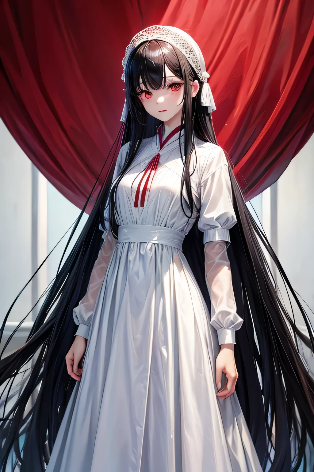 long black hair、red eyes、beautiful woman、whole body、white dress、Standing picture、real face