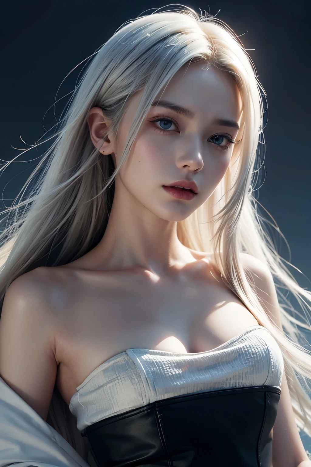 masutepiece, Highest Quality, (Solo Focus), (Perfect face:1.1), (high detailing:1.1), (ultradetailed eyes), Dramatic, Man with pale skin and long voluminous white hair, White eyes, Solo, Long hair, Sephiroth, Moon, Night, white luxury suit, Covered navel, Pouty lips, furr, arrogant expression, rose garden, Detailed background, Art by Artgerm, Cinematic lighting, roses, Fashion, BalenciagaStyle