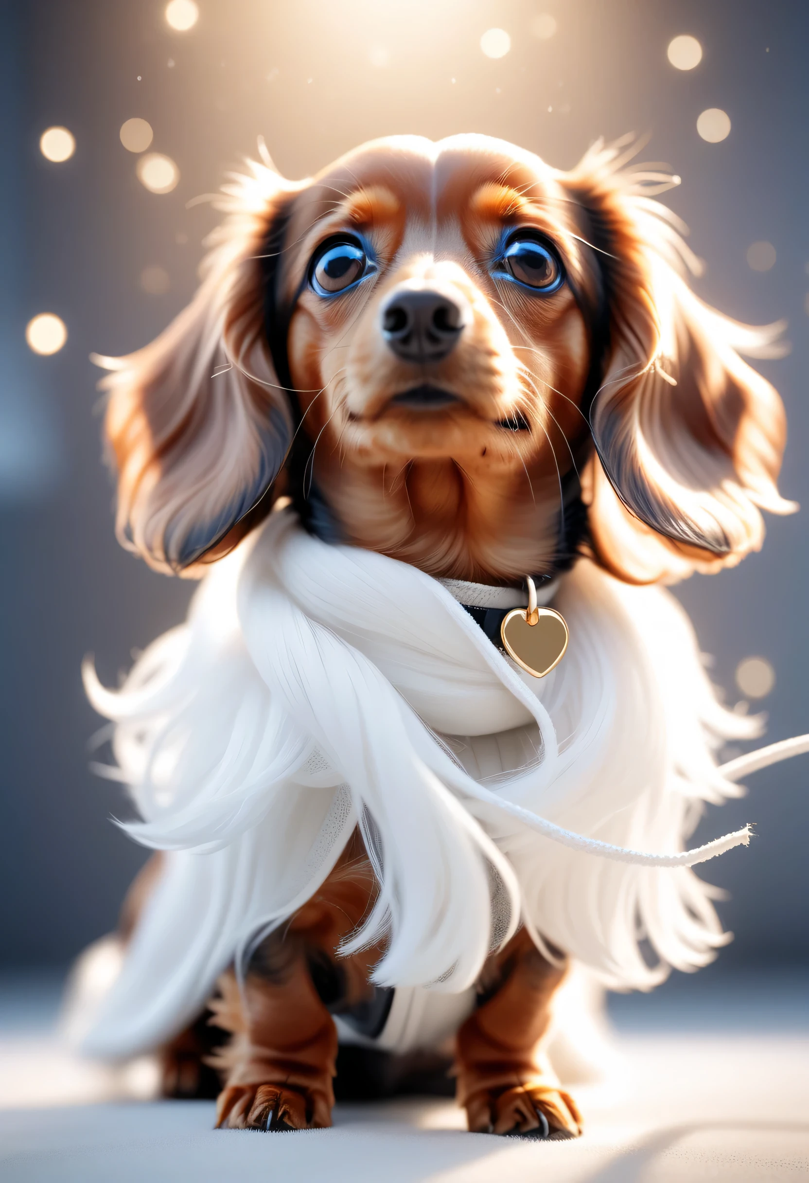 (((soft tones))), disorganized, masterpiece, highest quality, High resolution, unreal engine rendering, high quality rendering, macro lens, deep focus, particles of light、Holding a miniature dachshund with white soft long coat