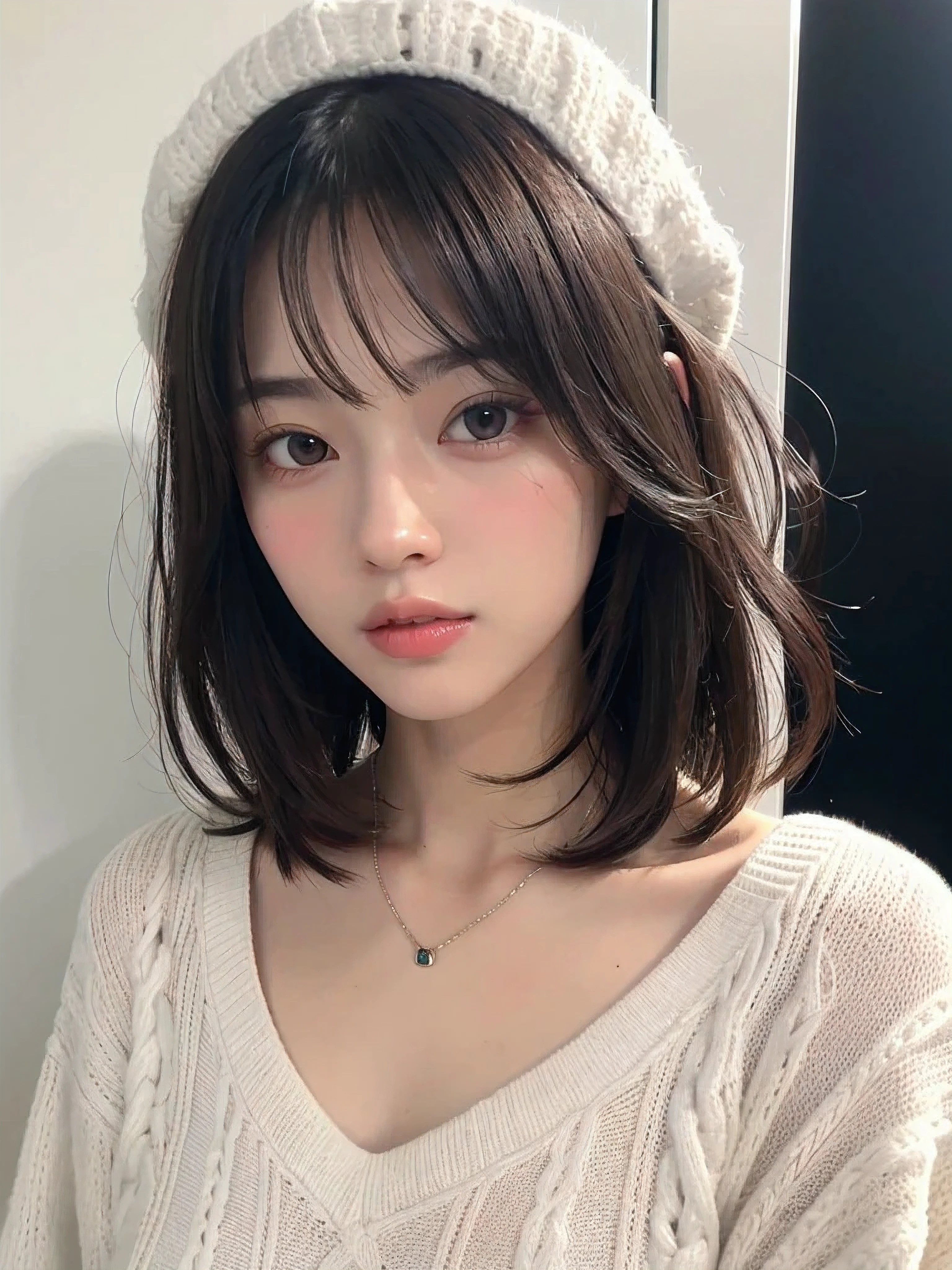 (highest quality、8K、32k、masterpiece、nffsw:1.2)、cute japanese woman pictures、big and full breasts、very short bobbed hair、Upper body、surface focus、extra large_sweater、necklace、simple background、From above、Viewer looking x4、(8K、RAW photo、highest quality、masterpiece:1.2)、(realistic、Photoreal:1.37)、1 girl、cute、professional lighting、photon mapping、Physically based rendering、gradient brunette hair、short curly hair、Handsome、girly、excellent image quality、High resolution、1080p、(clean face)、(Detailed facial description)、(Detailed hand explanation)、(Masseter muscle part)、(Detailed CG)、 extreme light and shadow、hair is dirty、masterpiece、rich details、(exquisite features)、(best image quality)、(masterpiece)、(detailed eye)、looking forward to your eyes、delicate clavicle、Various poses、Don'don't watch the mela、profile、white wall、Taken in front of the white door、(white wall room with window)、autumn clothes、Winter clothes、simple necklace、light purple sweater,medium big breasts