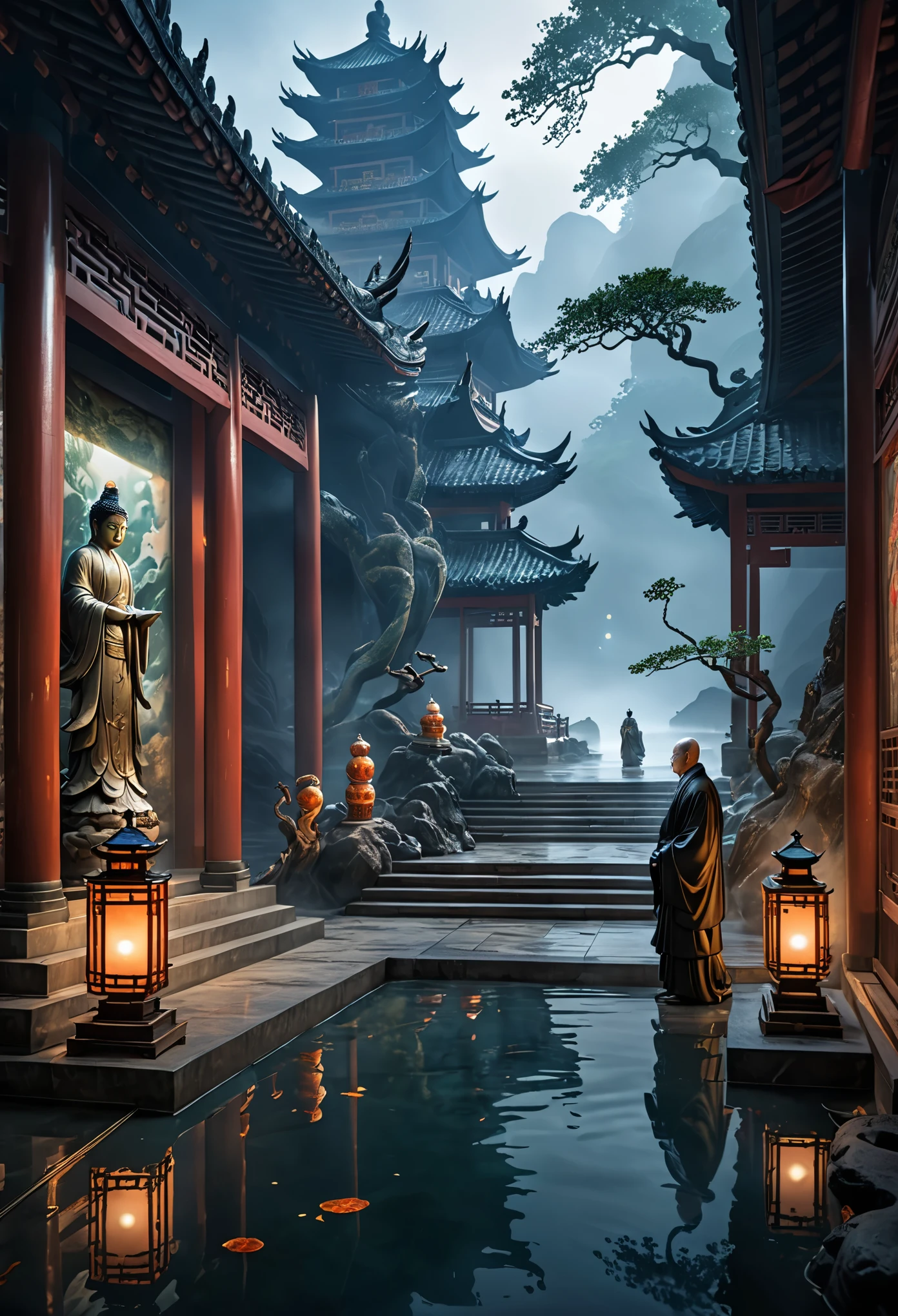 China, temple, (Mysterious Black Mist), journey to the west, Judge, elder, glazed tiles, Buddha statue, lantern, absurd, Realistic lighting, (abyss) masterpiece, high quality, Beautiful graphics, high detail, seabed, Water Prison, male, Snake spirit  