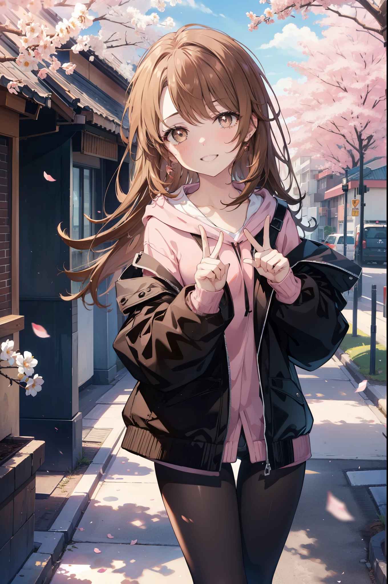 irohaisshiki, iroha isshiki, long hair, brown hair, (brown eyes:1.5), happy smile, smile, open your mouth,Put your hand over your mouth and make a peace sign, 1 girl,towards the camera,pink hoodie,short denim pants,black tights,short boots,standing alone&#39;my back to the wall、The cherry blossoms have bloomed,Cherry blossoms are scattered,
break indoors, Cherry blossom tree-lined path,
break looking at viewer,Upper body,
break (masterpiece:1.2), highest quality, High resolution, unity 8k wallpaper, (shape:0.8), (fine and beautiful eyes:1.6), highly detailed face, perfect lighting, Very detailed CG, (perfect hands, perfect anatomy),