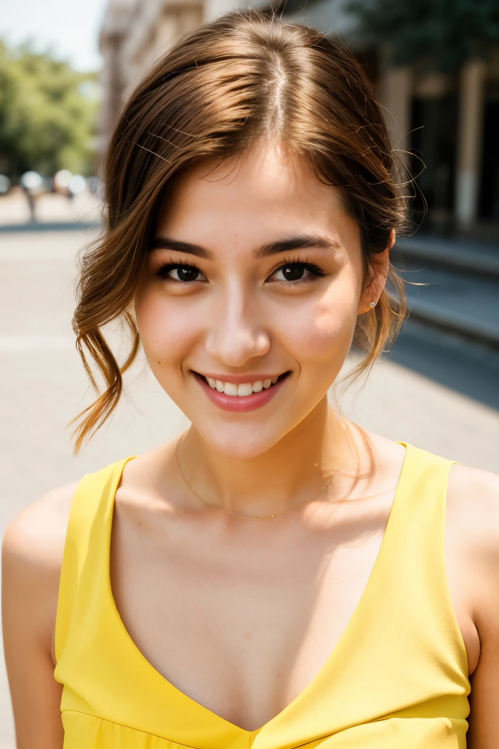 RAW photo, face portrait photo of beautiful 26 y.o woman, cute face, wearing yellow dress, happy face, hard shadows, cinematic shot, dramatic lighting