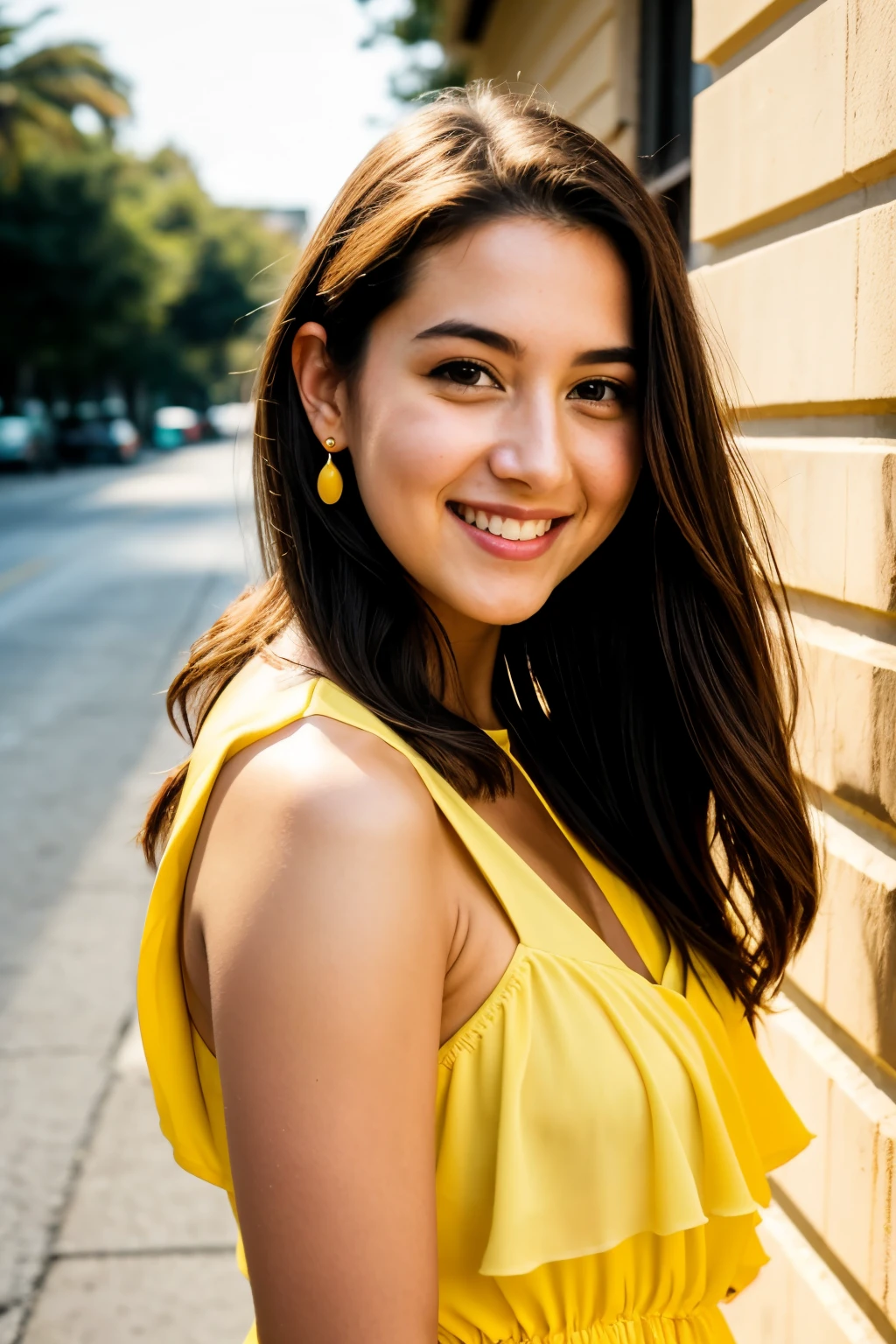 RAW photo, face portrait photo of beautiful 26 y.o woman, cute face, wearing yellow dress, happy face, hard shadows, cinematic shot, dramatic lighting