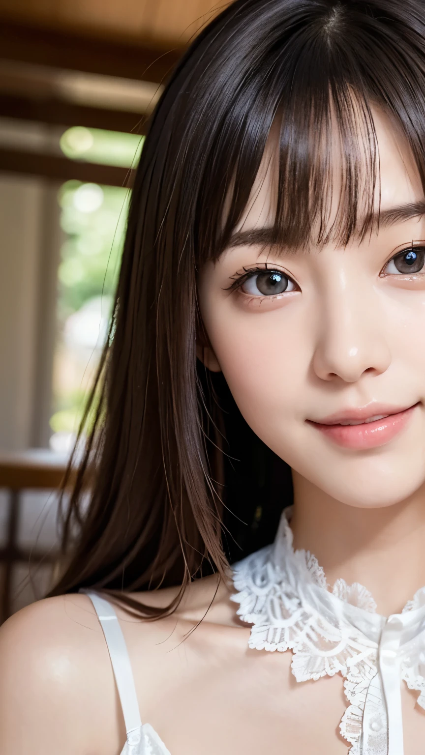 bright表情、photorealism、highest quality、超A high resolution、Photos of the most beautiful Japan girls、cute and beautiful face details、small face、(Pueros face_V1:0.008)、美しいbangs、14 years old、Brilliant white skin、hair gets tangled in face、顔まで伸びるbangs、bangs、hair between eyes、super long hair、charming brown silky hair、bright、Clear light blue eyes shine charmingly、ample breasts、ダイナミックなポーズhighest quality、disorganized、((the cutest girl in the world))、Japanese、14 years oldの女の子、Cafe、((lace dress:1.3))、(half up hair)、(tie with a thin ribbon)、nice and cute、innocent smile、nice smile、cleavage、(big breasts:1.3)、ponytail、brown hair、thin waist、detailed beautiful eyes、face forward、Upper body、close up of face、Front view、