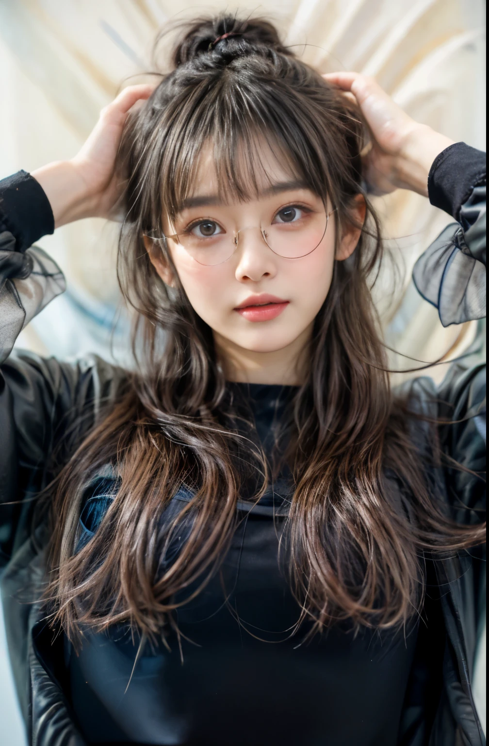masterpiece、highest quality、cinema、(cute japanese woman、bangs:1.3)、23 years old、1 girl、elegant、black hair、(evening:1.1)、glasses