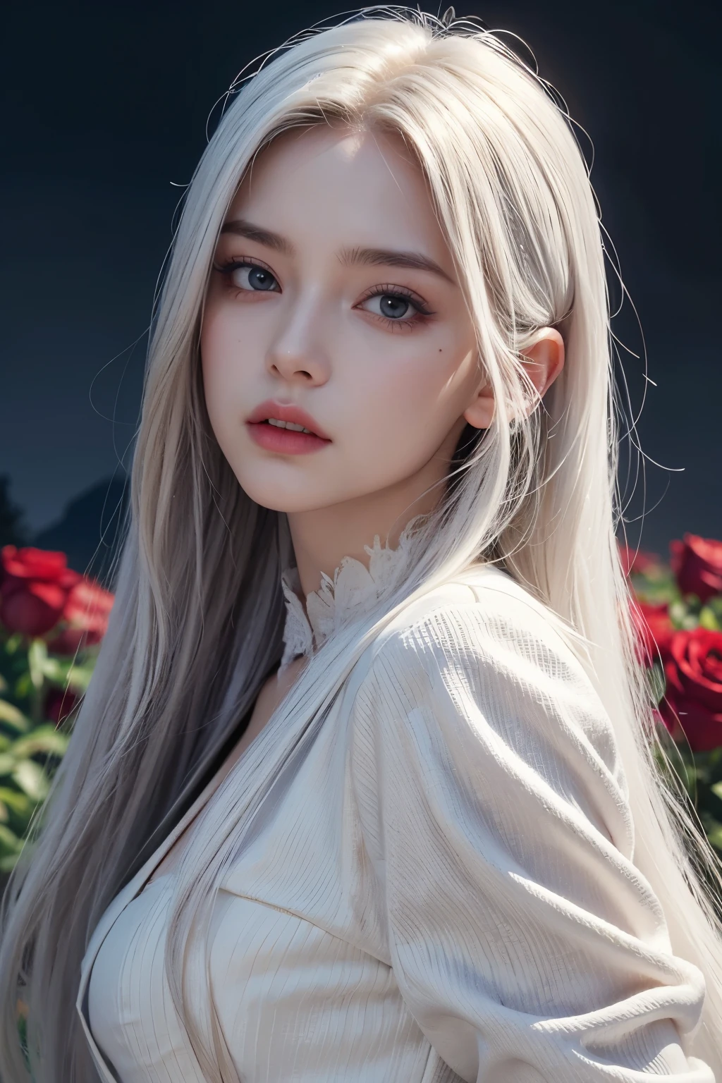 Divide Ratio : 1,1,1 Base Ratio: ((portrait)),beauty (mixed girls) in (highly detailed 32k absurd art of a ((girl 18-year-old)) ),fashion supermodel,(best high quality real texture skin),((ebony skin female)),(best quality texture hair),BREAK,((red hair:0.5|white hair:0.5((bangs swept to the side)) intricate detailed:1.55)),((outside'an orchard of blooming cherry trees)),(best high quality:1.4),(photo realistic),(Hyper realistic),((sharp focus)),(highest resolution),((soft neon lighting on the face and body)),(perfect proportions),(anatomically correct),(perfect female body),(firm normal full breasts:1.3),slim face,beautiful cheekbones,((slim,swell-muscled body:1.24)),(Super beautiful face),(realistic face),(highly detailed face),absurd(ultra detailed eyes), finely detailed face,finely quality eyes,(tired and sleepy and satisfied:0.0),(close up of a woman's eye with a digital rendering),realistic eyes,perfect round eyes,finely detailed pupils,(brown_eyes:1.3),BREAK,detailed lips,(red_lipstick:1.1),pink_makeup, long_blue_eyeliner:1.22, perfect dark_eyeshadows:1.35, there a close up of a woman's, (super detailed makeup on eyes:1.3), iridescent eyes, with professional makeup, vibrant eyes:1.2, (Detailed nose:1.2),BREAK,(extremely detailed:1.23 (collared blouse shirt:1.3)),BREAK,((ornament red ribbon on head:1.33)),exquisite balance of shadows,perfect composition,(((upper body shot:1.2))),((look at the viewer)), Hasselblad, 50mm f/2.2