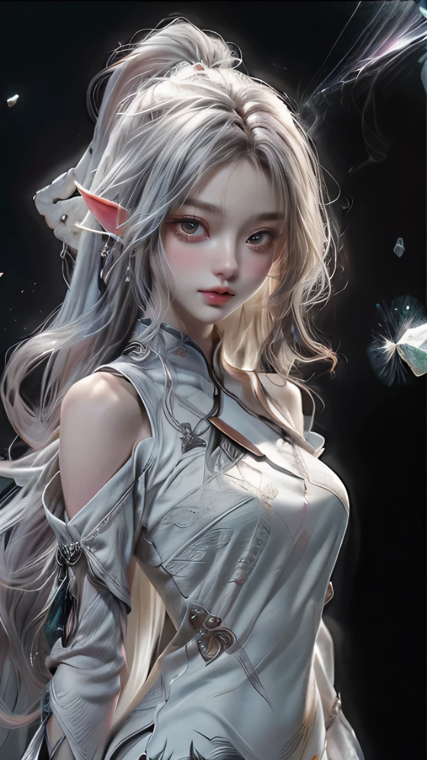 silver hair,wizard&#39;s wand,(masterpiece, Highest quality, Highest, official art, beautiful and aesthetic, exposed for a long time: 1.2), smooth movement, attractive pattern, 1 girl, (long dress with sleeves: 1.3), (((white clothes) )), Upper body close-up, bare shoulders, Big eyes, blush, black lob hair, portrait, alone, Upper body, observe the observer, detailed background, detailed face, (crystal AI, crystal theme:1.1), wind elf, Rotating wind, control the wind, White crystal clothes, dynamic pose, suspended particles, ether dynamics, whirlwind, vapor, whirlwind in the background, white tone, whirlwind, great atmosphere,blonde,goblin, silver hair, plump face,emerald green eyes:1.5,random pose、Single、round face