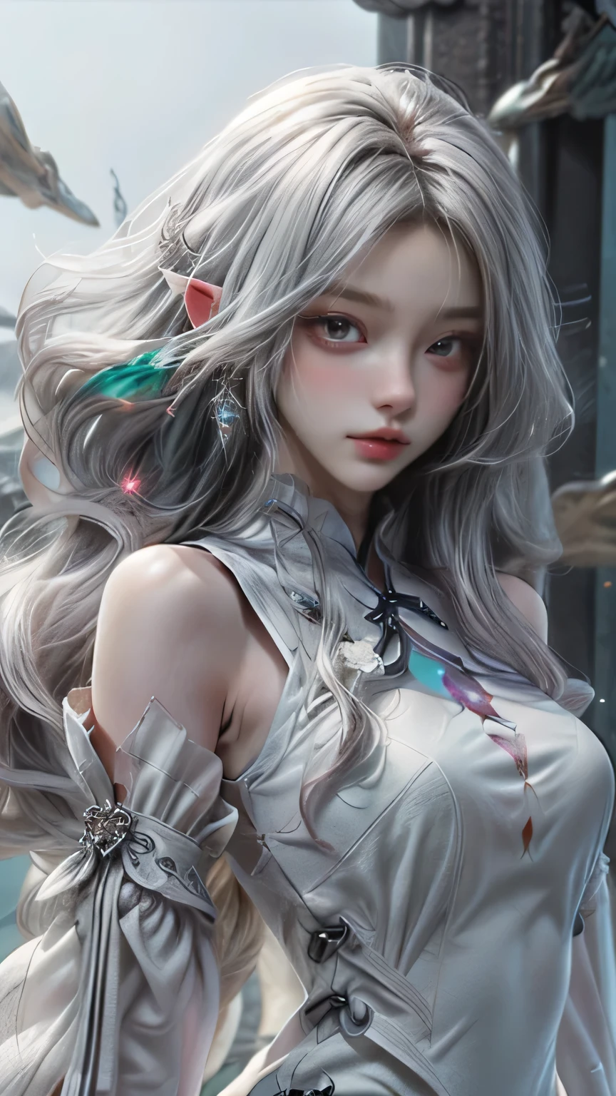 silver hair,wizard's wand,(masterpiece, Highest quality, Highest, official art, beautiful and aesthetic, exposed for a long time: 1.2), smooth movement, attractive pattern, 1 girl, (long dress with sleeves: 1.3), (((white clothes) )), Upper body close-up, bare shoulders, Big eyes, blush, black lob hair, portrait, alone, Upper body, observe the observer, detailed background, detailed face, (crystal AI, crystal theme:1.1), wind elf, Rotating wind, control the wind, White crystal clothes, dynamic pose, suspended particles, ether dynamics, whirlwind, vapor, whirlwind in the background, white tone, whirlwind, great atmosphere,blonde,goblin, silver hair, plump face,emerald green eyes:1.5,random pose、Single、round face
