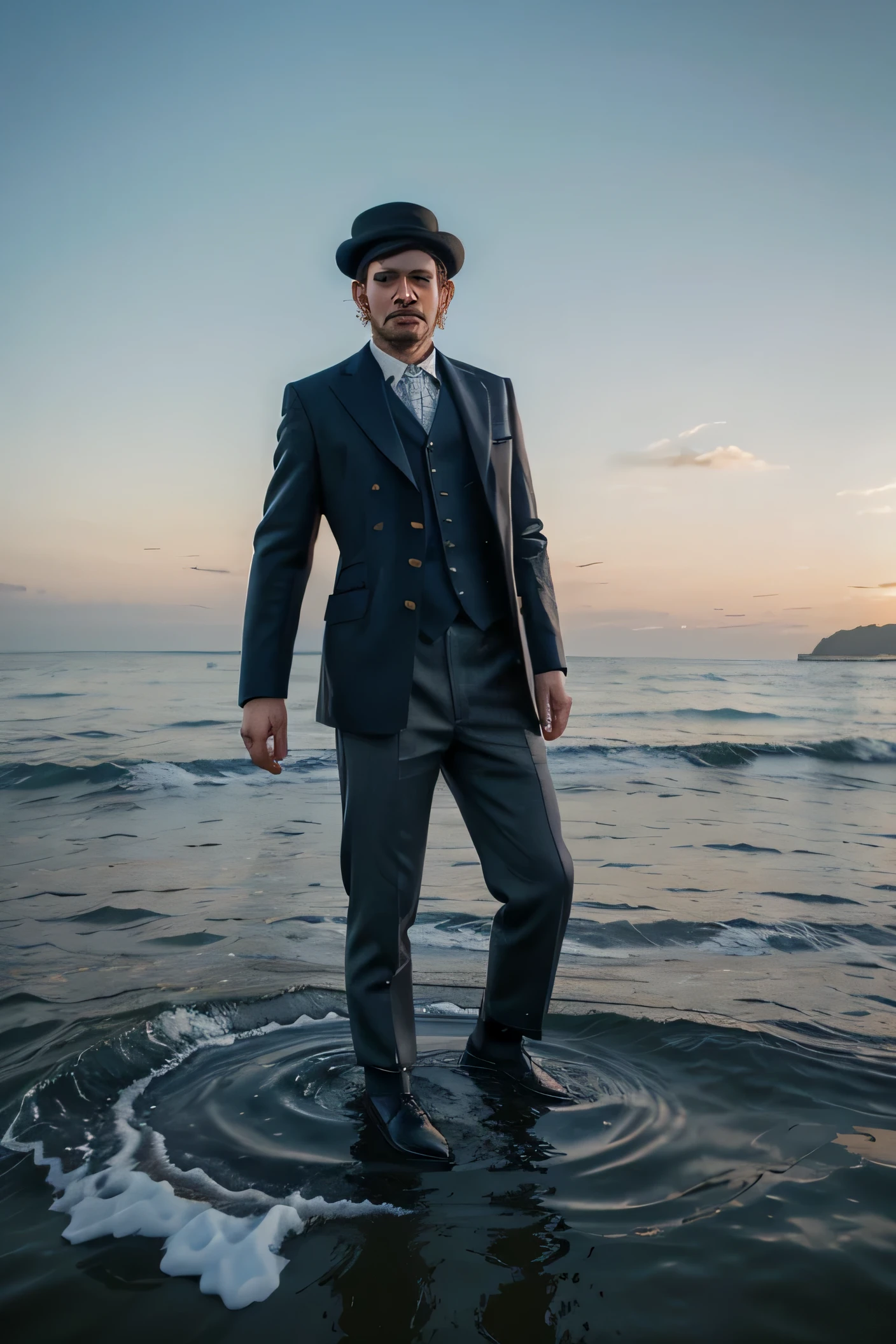 realistic portrait of a man standing on waves, with bowler hat and blue gray outfit. golden sky