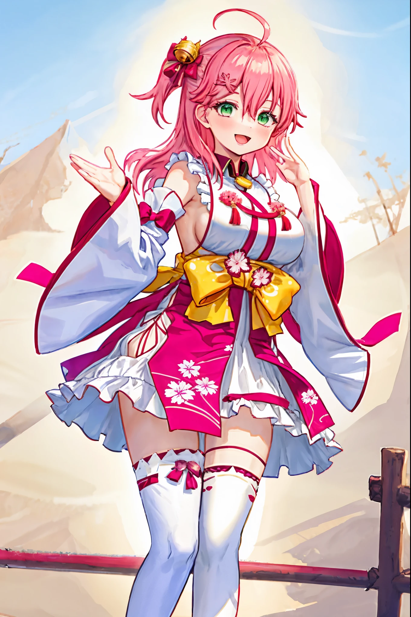 masterpiece, best quality, highres, miko1, sakura_miko, 1girl, green eyes, solo, ahoge, x_hair_ornament, pink_hair, floral print, hairclip,side_less_clothes, (sideboobs:1.4), hair_bell, floral print, long_hair, hair between eyes, one side up, white thighhighs, asymmetrical legwear, wide sleeves, open_mouth,happy,close_eyes, smile,jumping,rising_leg,plump,apart_legs,(overly_long_sleeves:1.1),(beautiful_fingers),sleeves_past_wrists,hands_hidden_sleeves,Japanese_park_background,