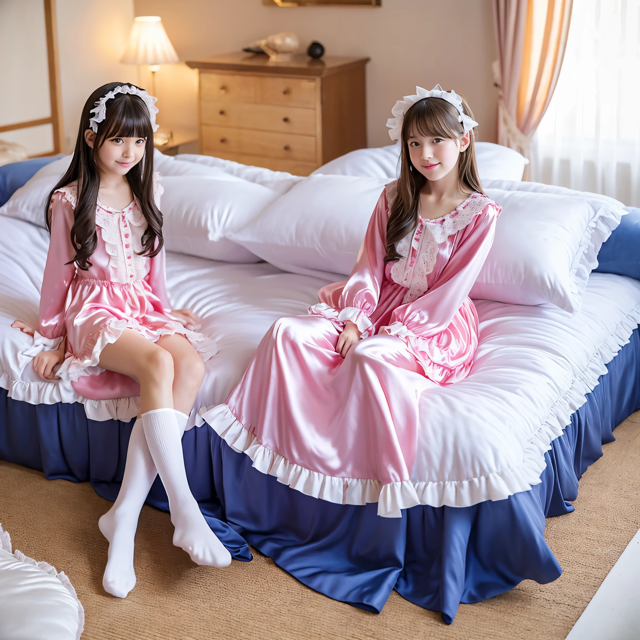 ,highest quality, masterpiece, highest resolution, artwork, super それにget used to it, many get used to it, get used to it, それにget used to it, 3K realistic photos,,((10 year old little girls)),Super detailed baby face,the girl is a princess,detailed luxury tiara,ruffled yoke collar,Detailed braided ribbon on chest,puff sleeves,long sleeve,((ロリータスタイルのホットピンクのロングスカートのワンピースのpajamas、Comes with lots of frills and ribbons。)),crazy&#39;colorful fashion,光沢のあるシルクサテンのpajamas,1920s style nightgowns,headdress with frills and ribbons,soft and smooth silk satin fabric,luxury,Very long blonde hair,blue eyes,white skin european,pajamas,fine white frills and lace,Super long hair that is as tall as your body,white long socks,drawers with lots of frills,castle bedroom at night,Super long flowing hair,Above the luxurious and huge canopy king size bed,Pink pillow with lots of frills,Silk satin pink curtains with luxurious ruffles and ribbons surround the bed,girls sitting on the bed,lots of pillows piled up on the bed,(((Both legs are completely hidden inside the skirt))),((((round futon)))),((((A large ruffled futon that covers the entire bed)))),detailed comforter,Detailed bed sheets,bed skirt with ruffles,Deep bed,background with depth,pajamasパーティー,happy girls,