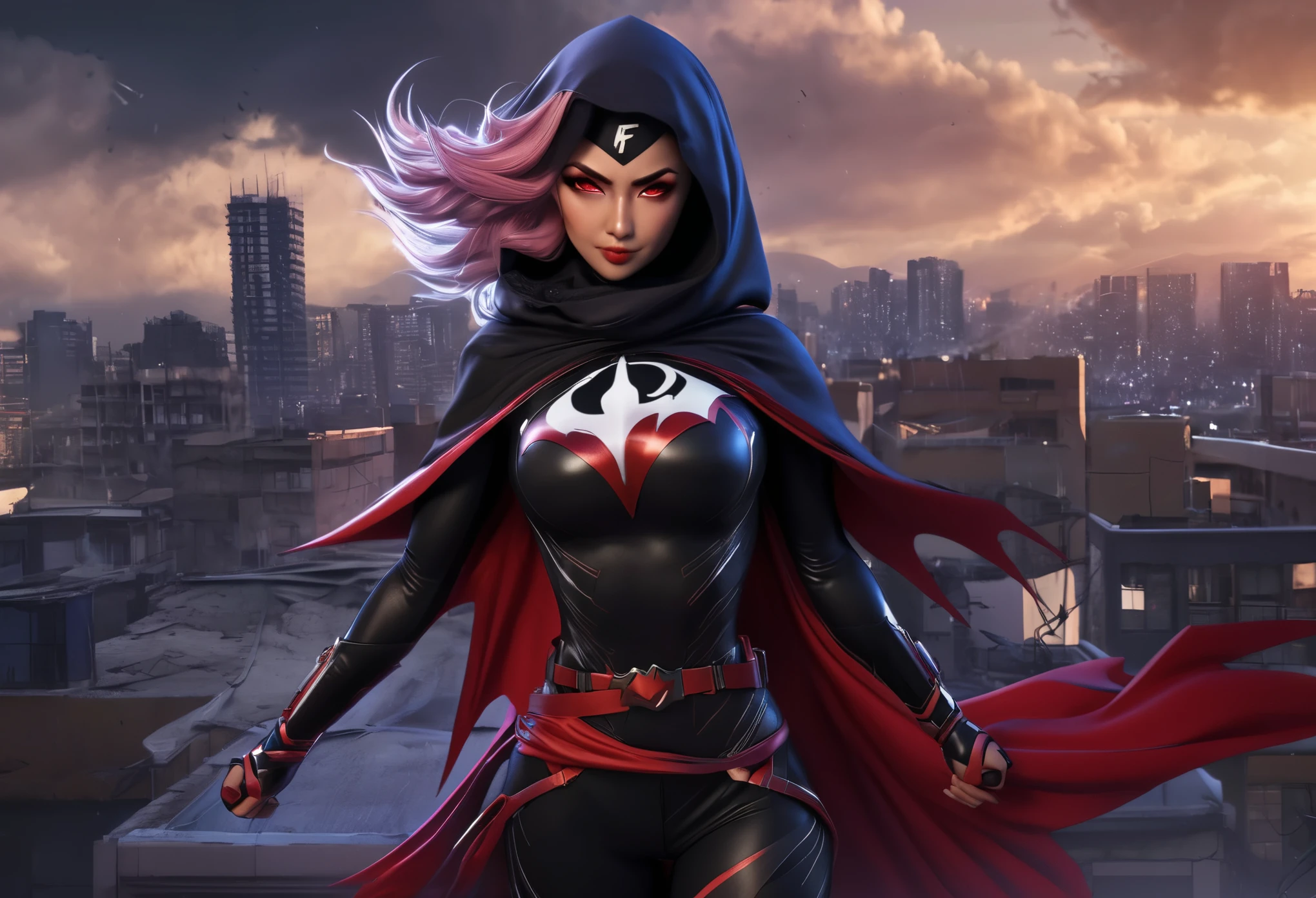 (anime, 3D rendering, high-res),super detailed,Female,Asian Malaysian BatWoman,fierce and determined expression,strong and muscular physique,beautiful almond-shaped eyes,bold and defined eyebrows,long and voluminous lashes,rosy cheeks,rosy lips,athletic outfit with the symbol of the uniform with Hijab,fighting on a rooftop at sunset,akimbo pose,surrounded by fierce winds and lightning bolts,crumbling buildings in the background,dark and intense color palette,dramatic and dynamic lighting,high contrast and deep shadows,embodying strength and resilience,gorgeous and empowering artwork.
