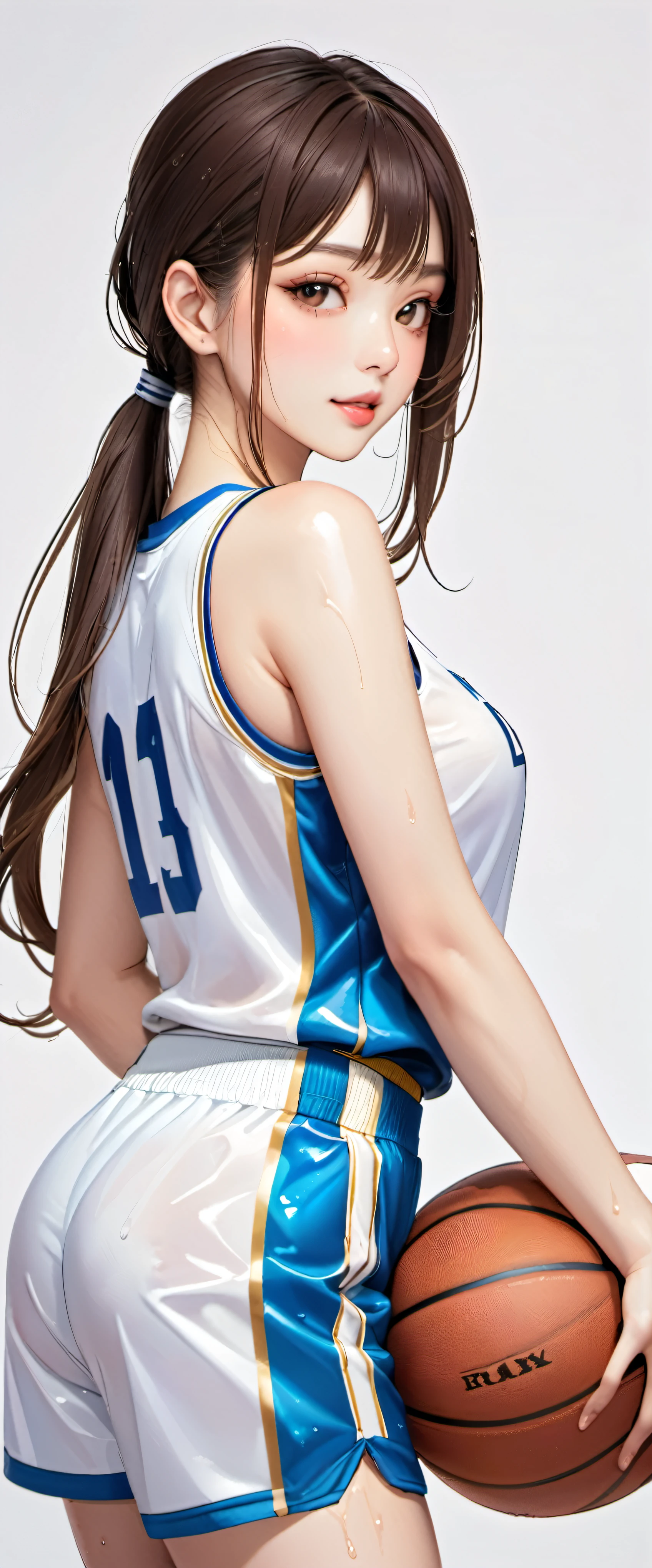 (masterpiece,highest quality,超A high resolution),japanese woman, (((Very beautiful 25 year old girl))), pretty girl、look at the photographer､  ((beautiful low ponytail)), super cute face, glossy lips, double eyelids in both eyes,natural smile、 natural makeup, long eyelashes, Shiny and smooth hair､center image,  perfect limbs, perfect anatomy,(((basketball sleeveless uniform)))、,(wet with sweat),,turn around and look back