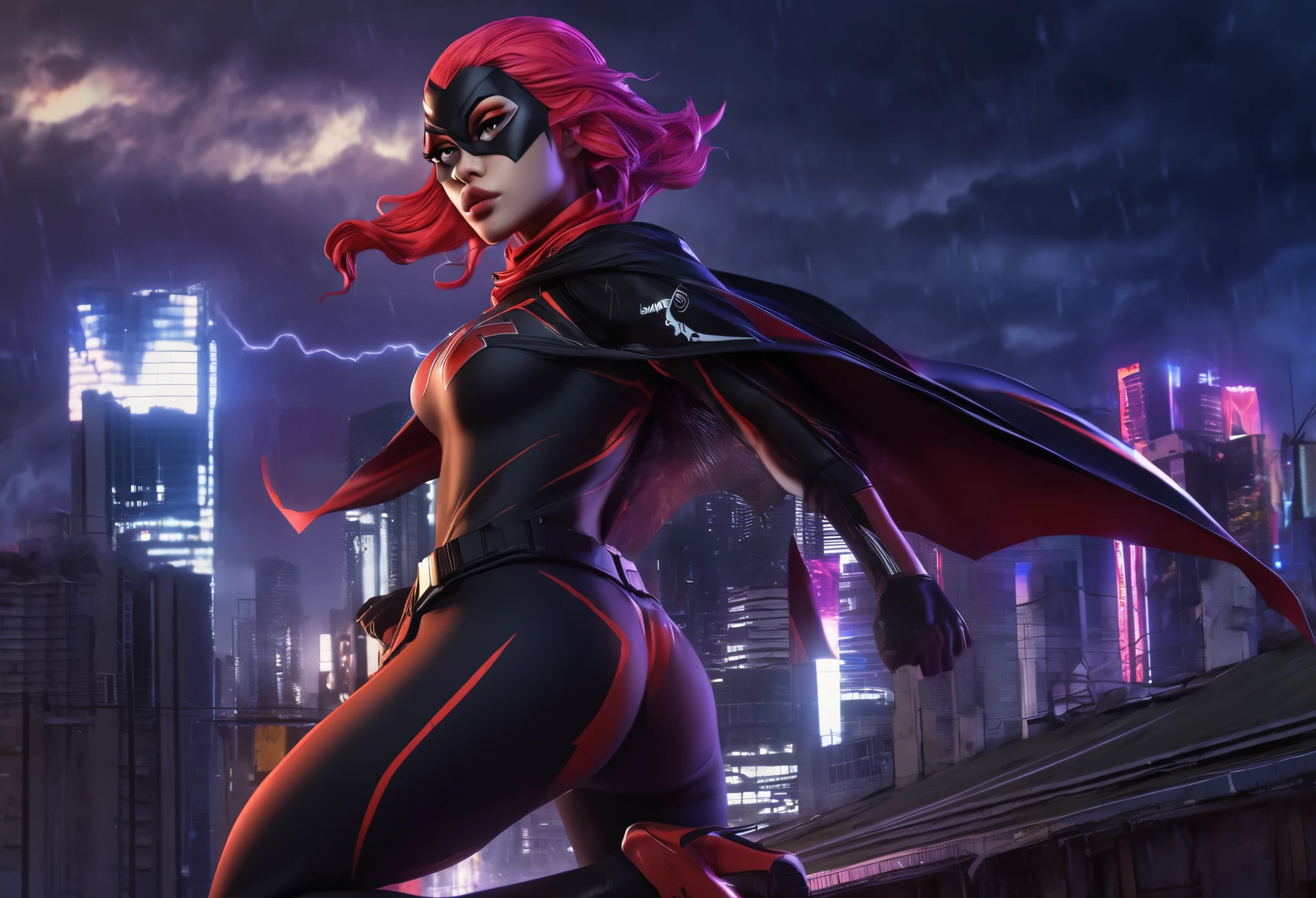 (anime, 3D rendering, high-res),super detailed,Female,Asian Malaysian BatWoman,fierce and determined expression,strong and muscular physique,beautiful almond-shaped eyes,bold and defined eyebrows,long and voluminous lashes,rosy cheeks,rosy lips,athletic outfit with the symbol of the uniform with Hijab,fighting on a rooftop at sunset,akimbo pose,surrounded by fierce winds and lightning bolts,crumbling buildings in the background,dark and intense color palette,dramatic and dynamic lighting,high contrast and deep shadows,embodying strength and resilience,gorgeous and empowering artwork.