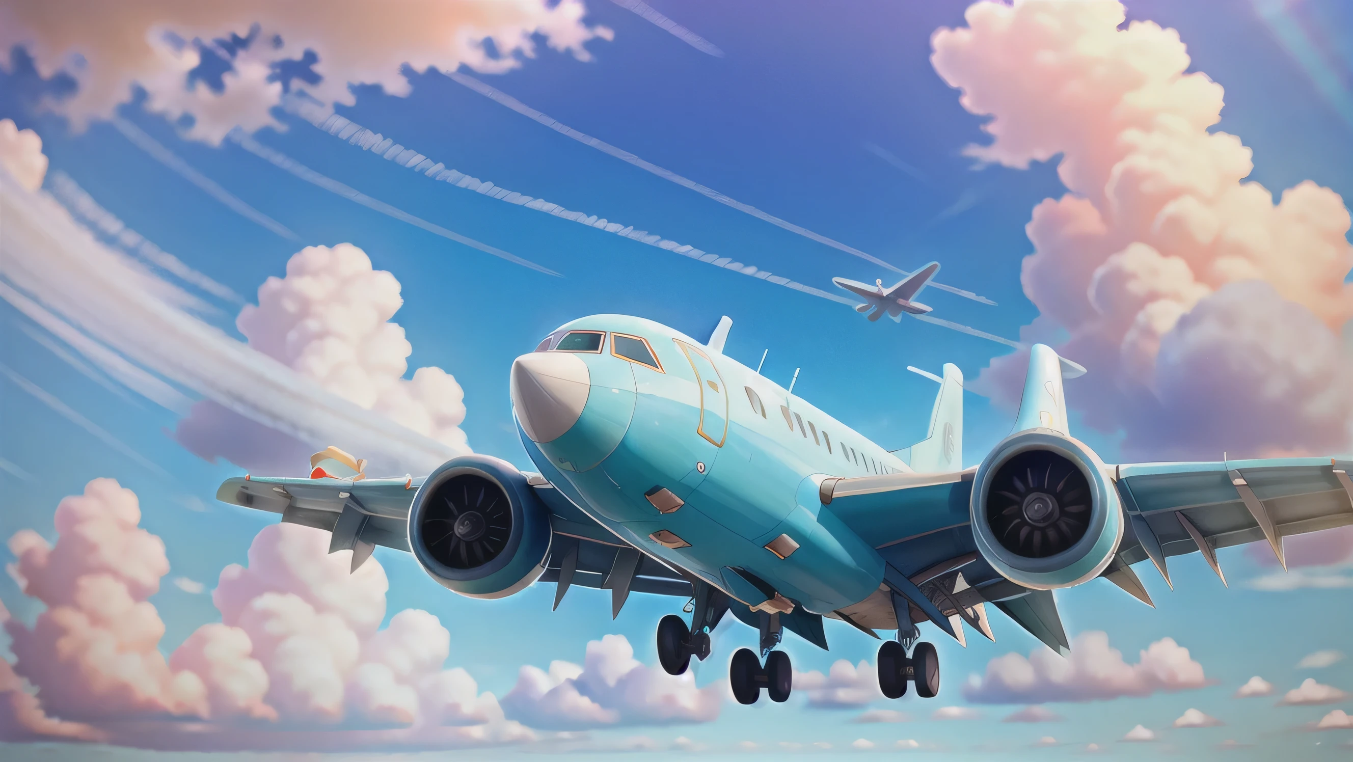 The plane is flying, Sky, cloud, side, side of airplane, from below, from side, panorama, vignetting, ccurate, high quality, high details