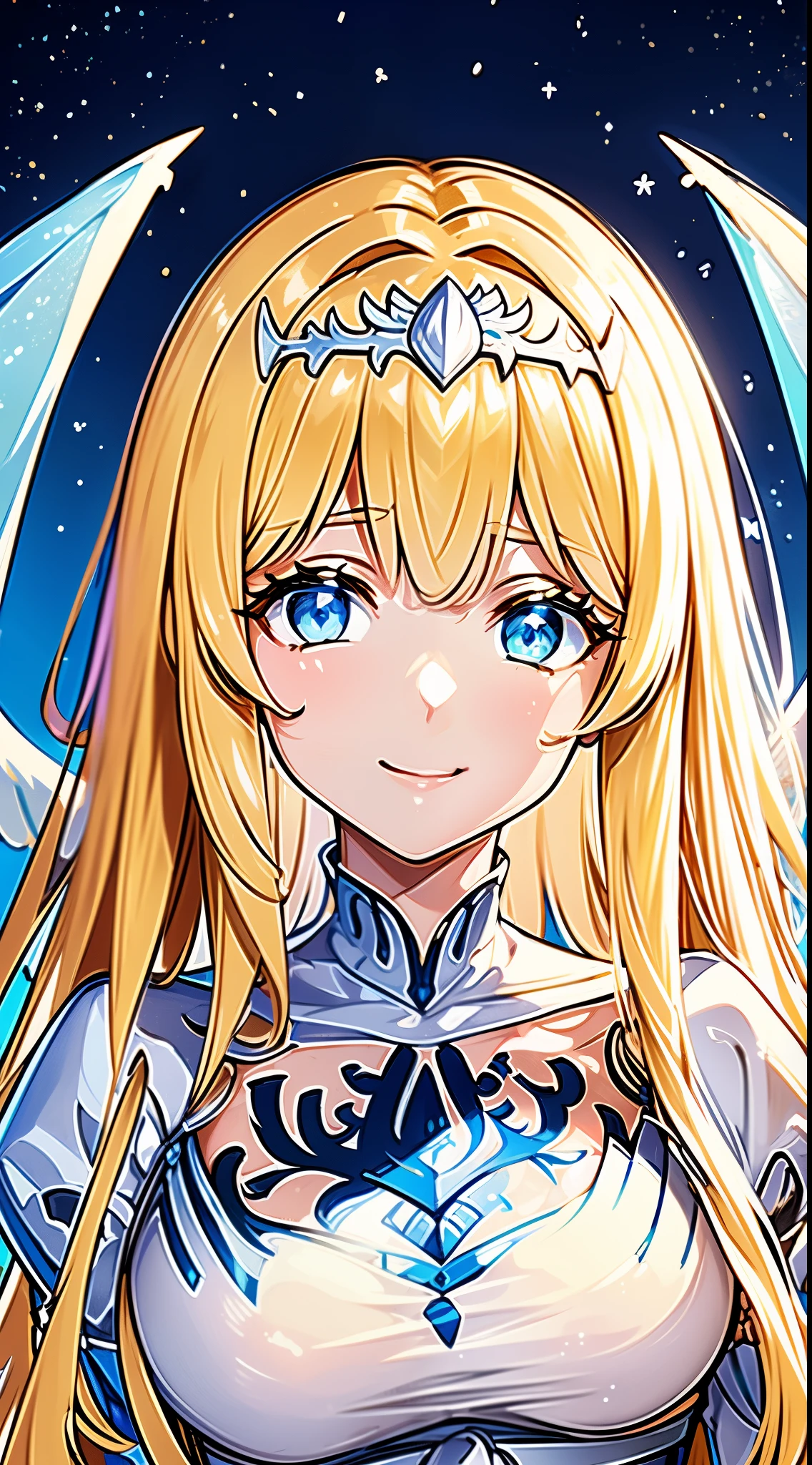 fantasy, 1girl,  smiling, looking at viewer,large white wings, glowing effects, night, intricate abstract background, stars, masterpiece, 8K, warm lighting, perfect anatomy, perfect eyes, perfect face, sharp resolution, face closeup, 1girl, solo, Calca, Calca Bessarez, blonde hair, extremely long hair, very long hair, white tiara, white dress, blue eyes, medium chest
