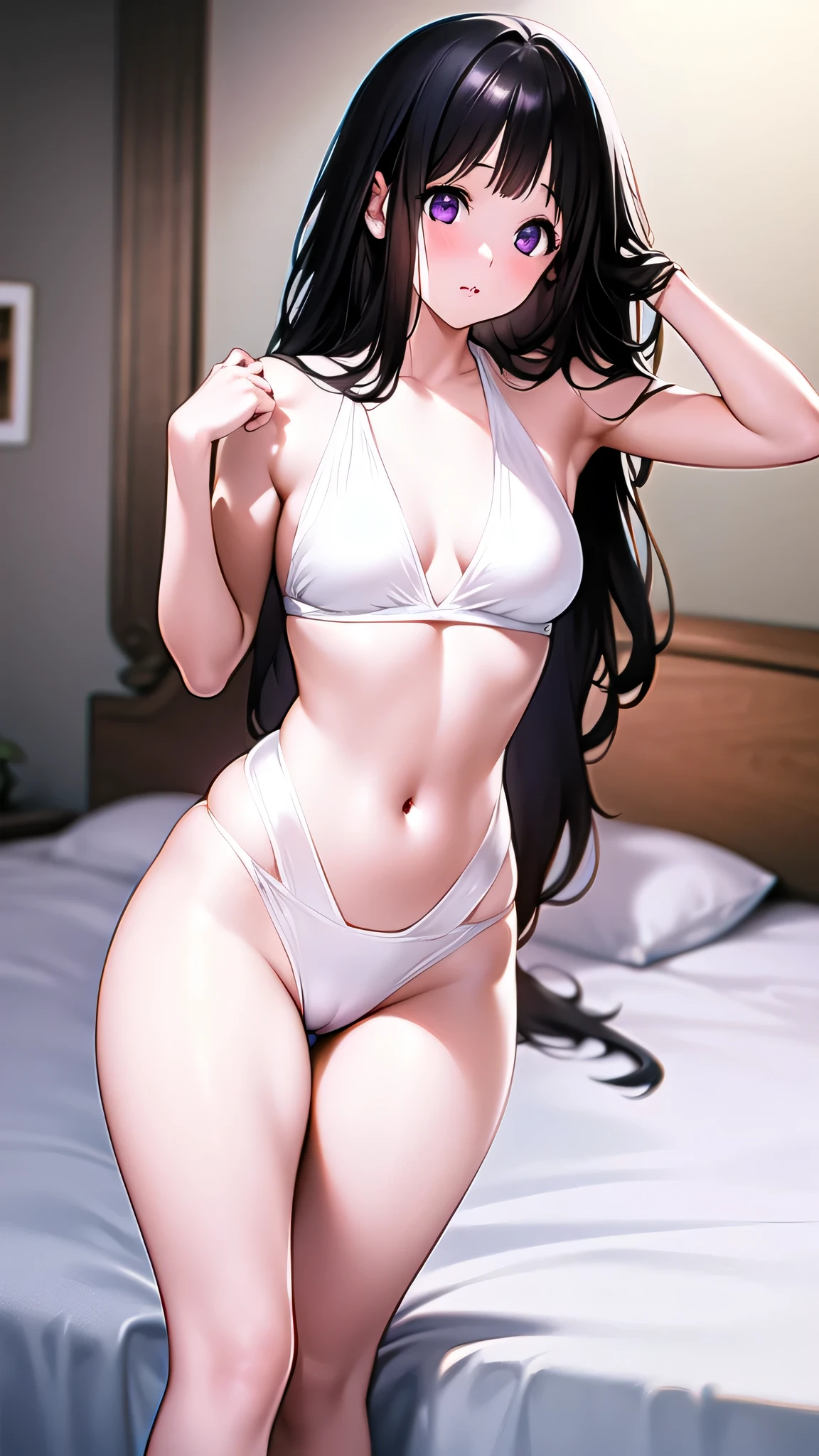 The stunning Chitanda Eru, purple eyes, black hair, Naturally straight hair, straight bangs, extremely refined,adult face,Lips slightly open,flowing long hair,Peerless beautiful girl, dreamlike,Slim,soft, (Sensual), (kawaii), dream quality,Show off your beautiful body,white bikini,Stare at the camera,bright light,bare neck,naked ass,bare shoulders,Clavicle exposed,bare breasts,Bare thighs,camel toe,snow white skin, delicate face, thin waist, soft curves, Real light and shadow, Ultra-fine, 4K, move naturally, ultra high resolution, (masterpiece:1.2, best quality), (Exquisite and beautiful eyes: 1.2), (Beautiful and delicate face)