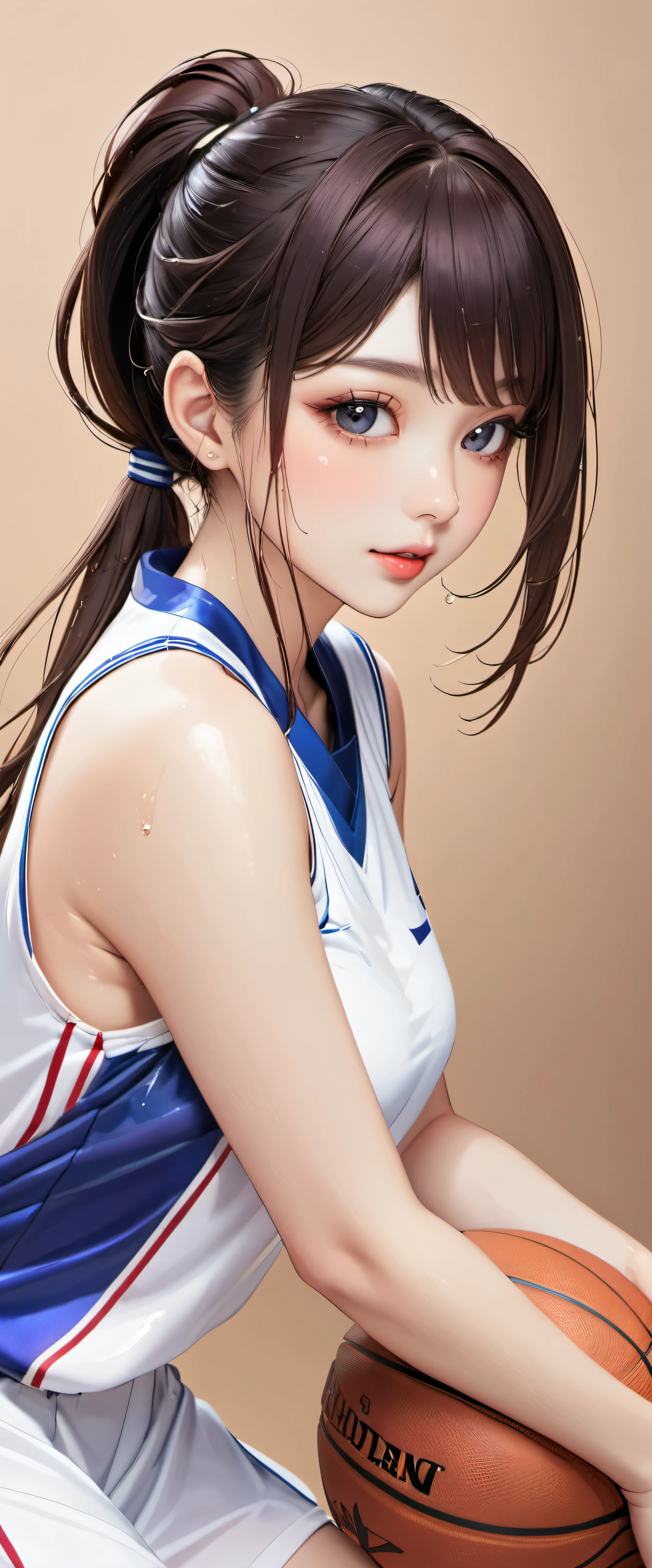 (masterpiece,highest quality,超A high resolution),japanese woman, (((Very beautiful 25 year old girl))), pretty girl、look at the photographer、 ((beautiful low ponytail)), super cute face, glossy lips, double eyelids in both eyes,natural smile、 natural makeup, long eyelashes, Shiny and smooth hair、center image, perfect limbs, perfect anatomy,(((basketball sleeveless uniform)))、,(wet with sweat),,turn around and look back