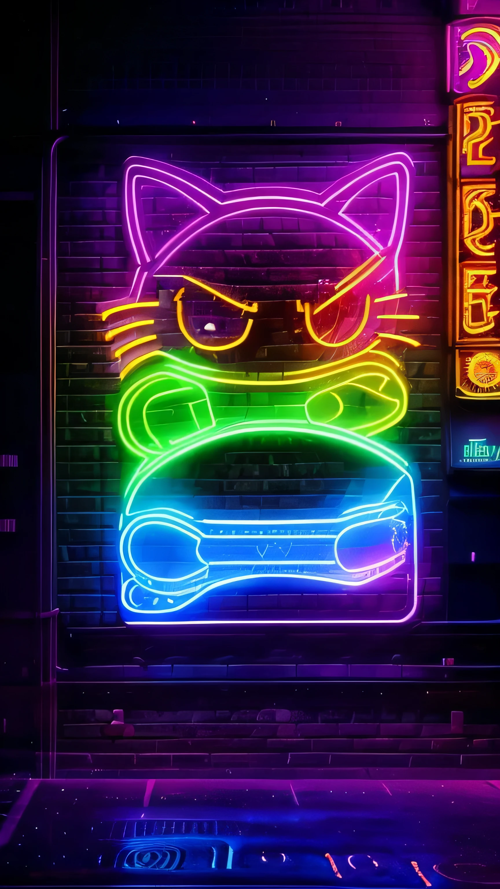 Front of a cat bar: neon sign shaped cat head, vibrant, a busy city street, glowing lights, urban nightlife, vibrant colors, energetic atmosphere, modern urban landscape, neon reflecting on the wet sidewalk, bright windows, lively nightlife, lively crowds, electric energy, urban ambience, lively streets, illuminated buildings, vibrant cityscape, lively activity, lively nightlife scene, vibrant and colourful atmosphere, energetic nightlife, Glittering neon lights, vibrant city streets, bright signs, vibrant city night, vibrant urban scene, dazzling lights, vibrant city nightlife, modern metropolis