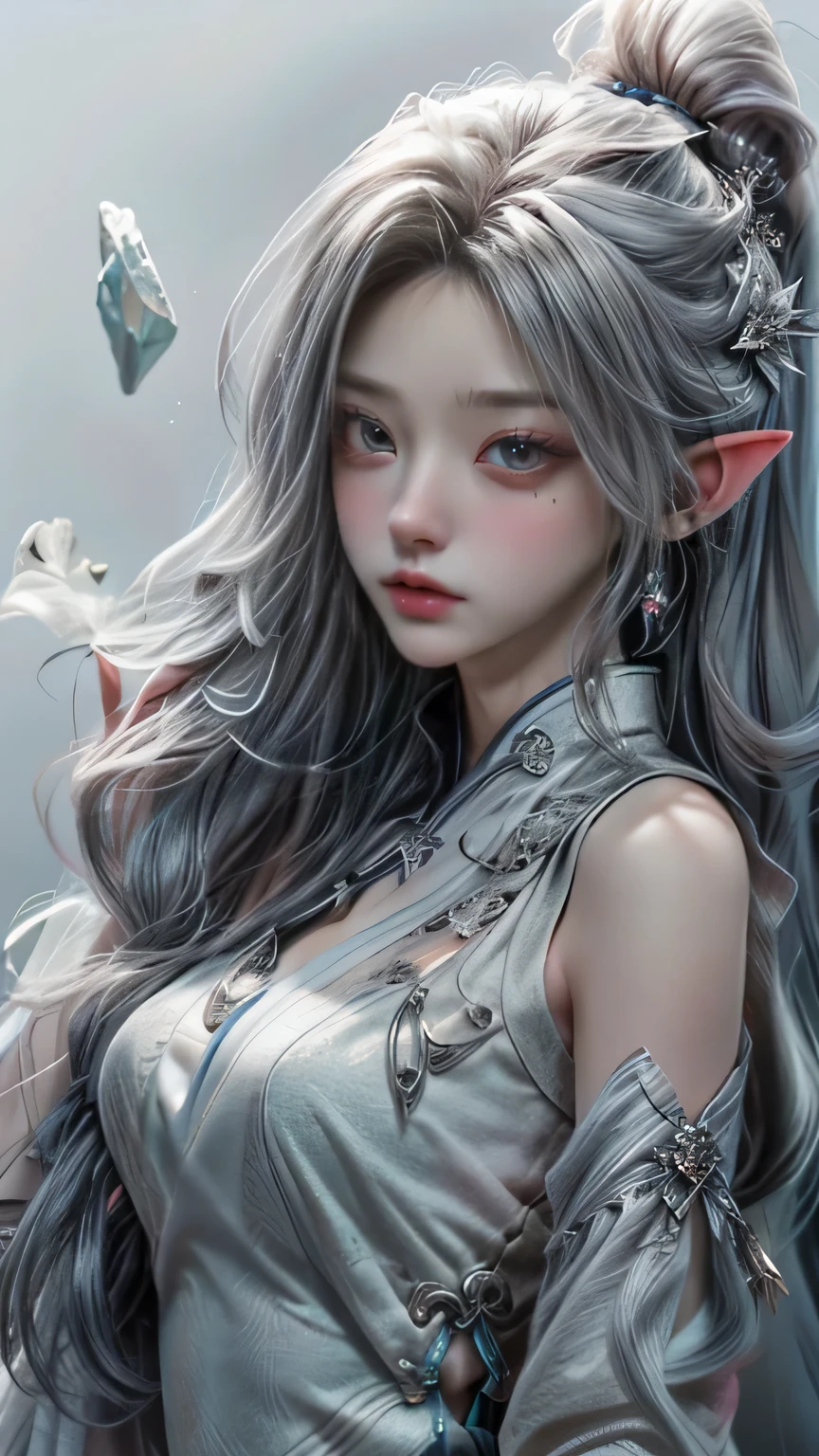 silver hair,wizard's wand,(masterpiece, Highest quality, Highest, official art, beautiful and aesthetic, exposed for a long time: 1.2), smooth movement, attractive pattern, 1 girl, (long dress with sleeves: 1.3), (((white clothes) )), Upper body close-up, bare shoulders, Big eyes, blush, black lob hair, portrait, alone, Upper body, observe the observer, detailed background, detailed face, (crystal AI, crystal theme:1.1), wind elf, Rotating wind, control the wind, White crystal clothes, dynamic pose, suspended particles, ether dynamics, whirlwind, vapor, whirlwind in the background, white tone, whirlwind, great atmosphere,blonde,goblin, silver hair, plump face,emerald green eyes:1.5,random pose、Single、round face