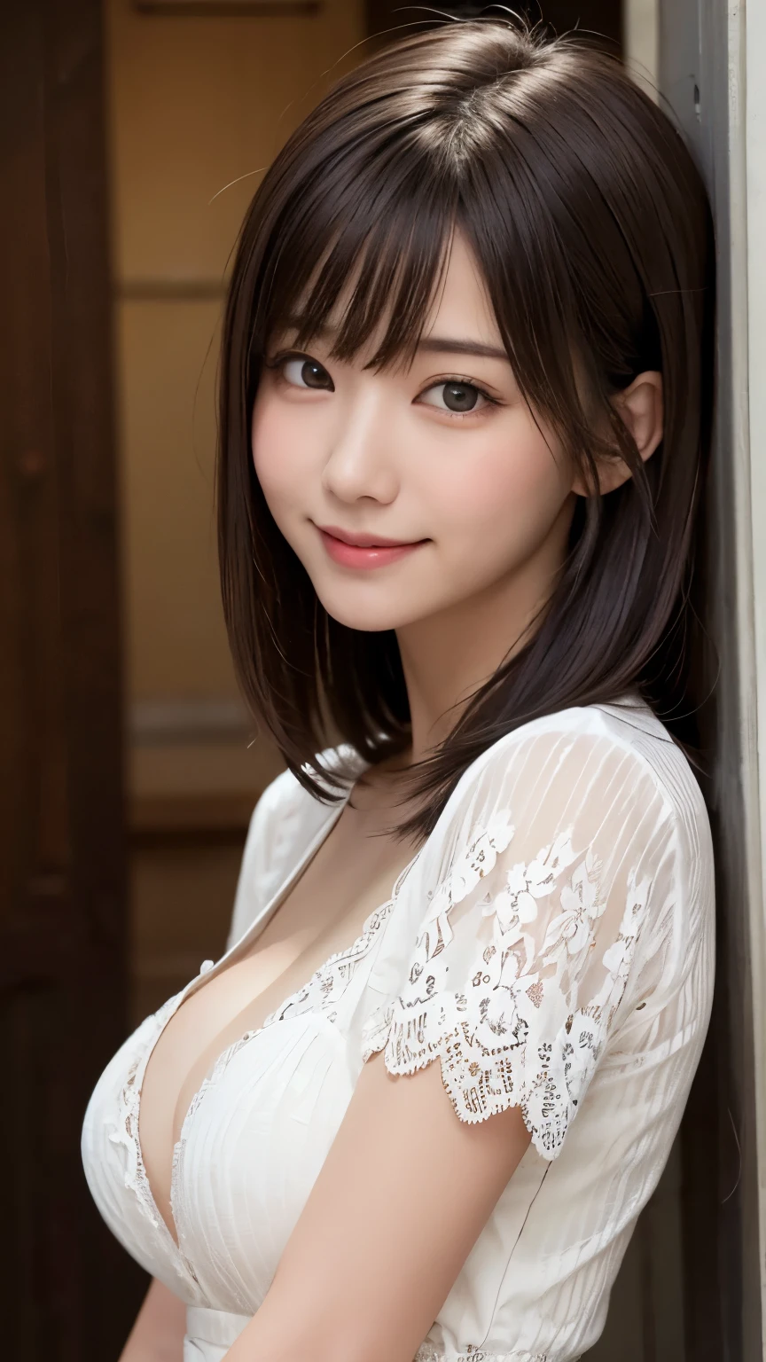 bright表情、photorealistic stick:1.32、highest quality、超A high resolution、Photos of the most beautiful Japan girls、cute and beautiful face details、small face、(Pueros face_V1:0.008)、美しいbangs、、Brilliant white skin、hair gets tangled in face、顔まで伸びるbangs、bangs、hair between eyes、super long hair、charming brown silky hair、bright、Clear light blue eyes shine charmingly、ample breasts、ダイナミックなポーズhighest quality、disorganized、((the cutest girl in the world))、Japanese、14 years oldlace dress:1.3))、(half up hair)、(tie with a thin ribbon)、nice and cute、innocent smile、nice smile、cleavage、(big breasts:1.3)、ponytail、brown hair、thin waist、detailed beautiful eyes、face forward、Upper body、close up of face、Front view、