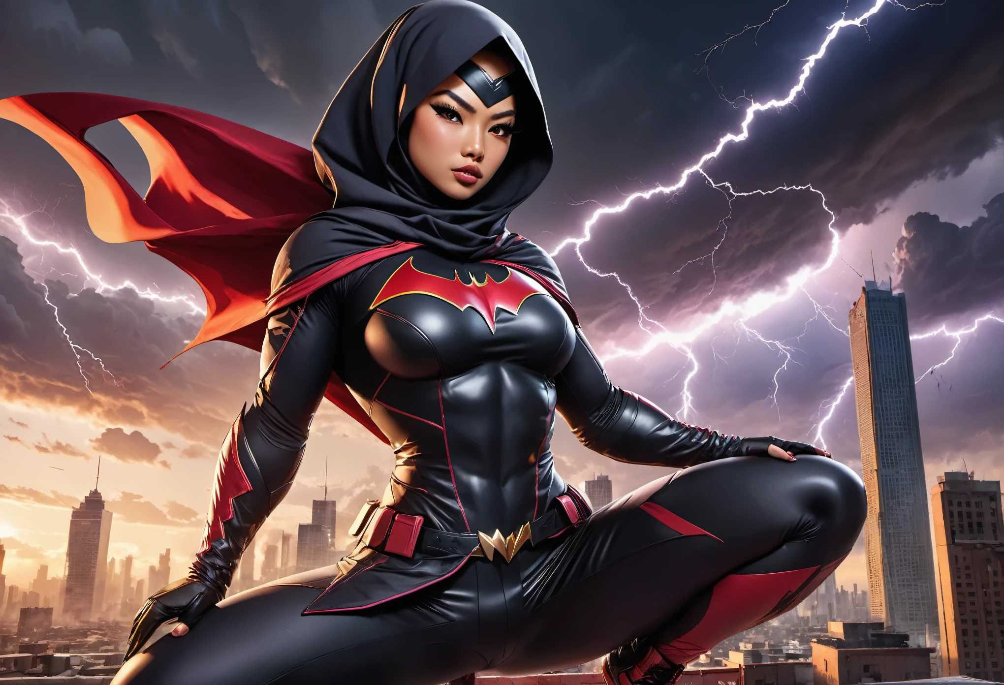 (anime, 3D rendering, high-res),super detailed,Female,Asian Malaysian BatWoman,fierce and determined expression,strong and muscular physique,beautiful almond-shaped eyes,bold and defined eyebrows,long and voluminous lashes,rosy cheeks,rosy lips,athletic outfit with the symbol of the uniform with Hijab,fighting on a rooftop at sunset,akimbo pose,surrounded by fierce winds and lightning bolts,crumbling buildings in the background,dark and intense color palette,dramatic and dynamic lighting,high contrast and deep shadows,embodying strength and resilience,gorgeous and empowering artwork.