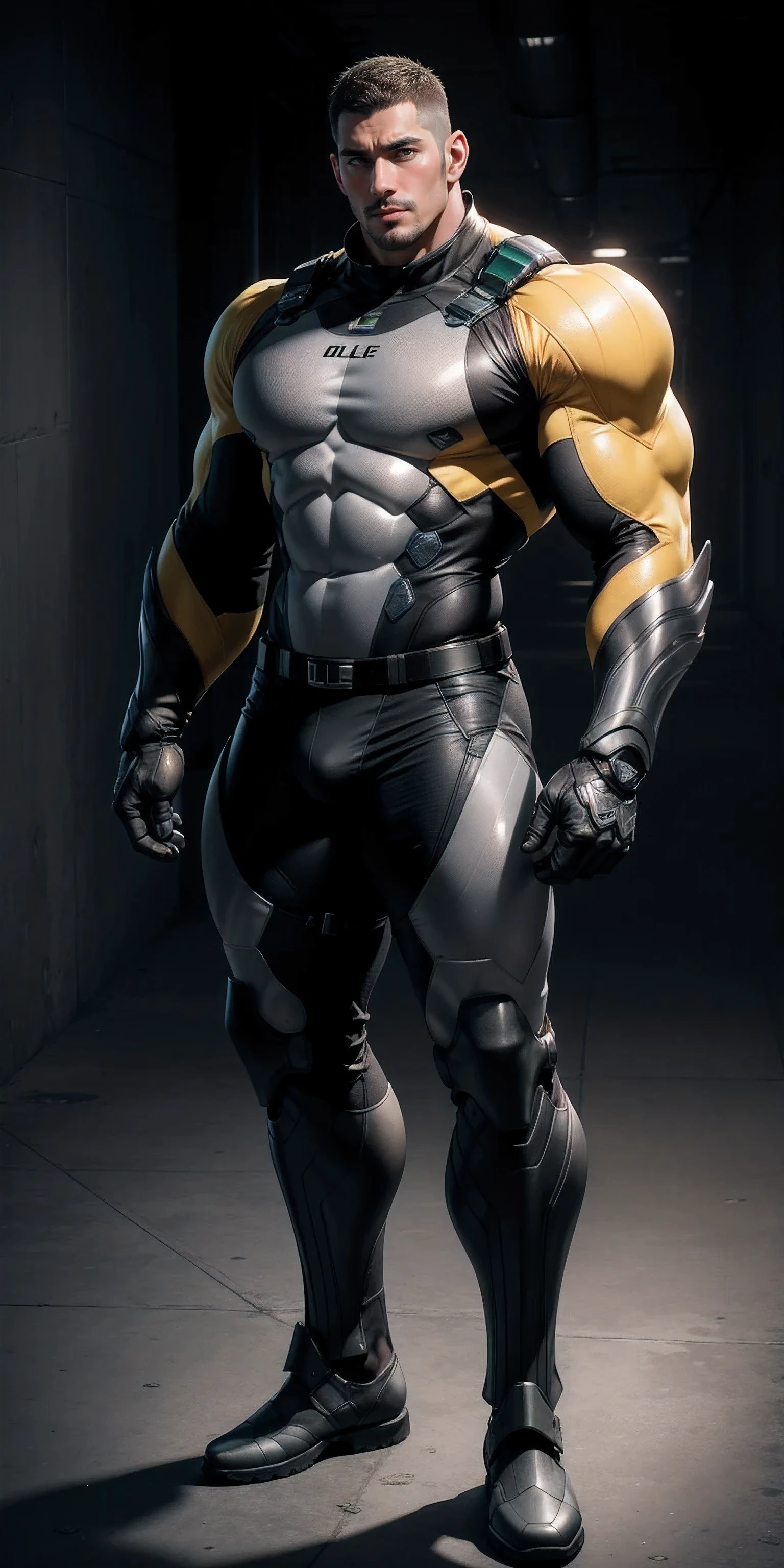 Tall giant muscular police officer,Yellow-gray honeycomb network pattern nano mecha,honeycomb pattern,Lightweight texture,character concept(Resident Evil - chris redfield,chris redfield)senior police officer,small grid texture,regular symmetrical texture pattern,A sad expression,Deep and charming eyes,Emerald Eyes Hero,heroic male pose,tall burly,muscular!Charming leg muscles,High, burly, Heqiang, Super gain and cool, high resolution committee, Yellow gray ultra-thin nano mechanical boots for big feet,Charming strong man,The bright sunshine is shining on you,matte particles,shiny texture