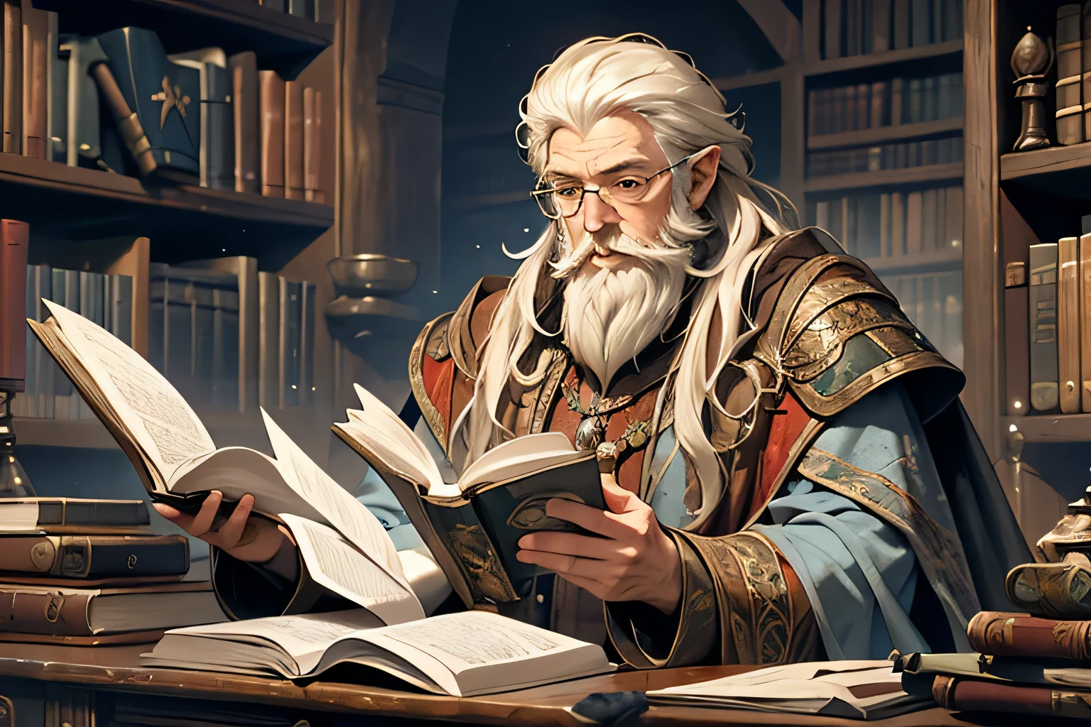 A medieval fantasy scene featuring a wise old man with a long white beard and flowing hair, deeply engrossed in reading an ancient document by the flickering light of a candle. The setting is a dimly lit, ancient library filled with dusty tomes and magical artifacts. The man wears intricate robes and a pointed hat, surrounded by mystical symbols and artifacts hinting at a life of wizardry and knowledge. The image is stylized in a painterly fantasy style, reminiscent of artists like John Howe and Alan Lee, with a focus on rich colors and detailed textures. --s 150 --ar 1:1 --c 5