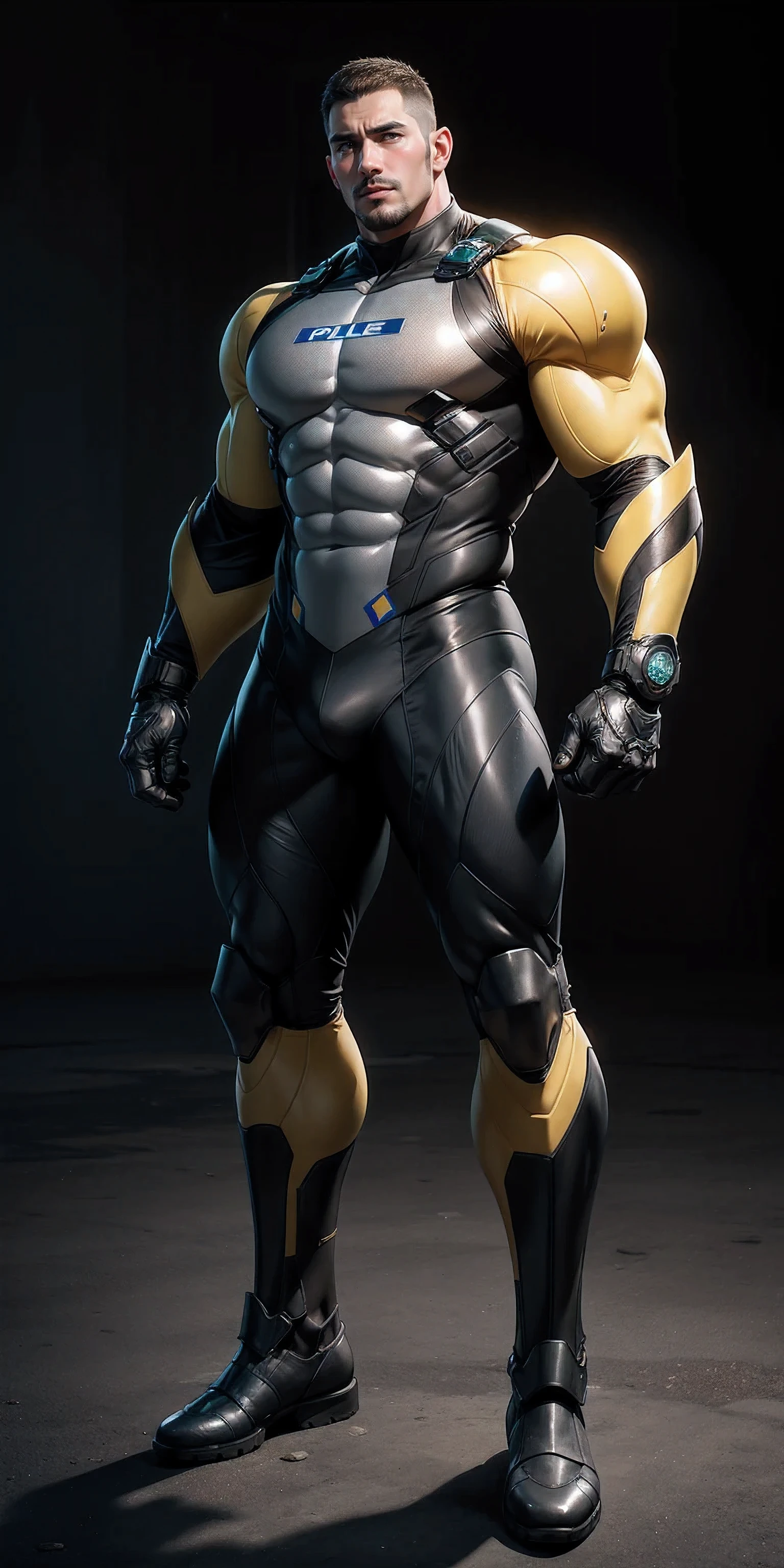 Tall giant muscular police officer，Yellow-gray honeycomb network pattern nano mecha，honeycomb pattern，Lightweight texture，character concept（Resident Evil - chris redfield，chris redfield）senior police officer，small grid texture，regular symmetrical texture pattern，A sad expression，Deep and charming eyes，Emerald Eyes Hero，heroic male pose，tall burly，muscular！Charming leg muscles，High, burly, Heqiang，  Super gain and cool， high resolution committee， Yellow gray ultra-thin nano mechanical boots for big feet，Charming strong man，The bright sunshine is shining on you，matte particles，shiny texture