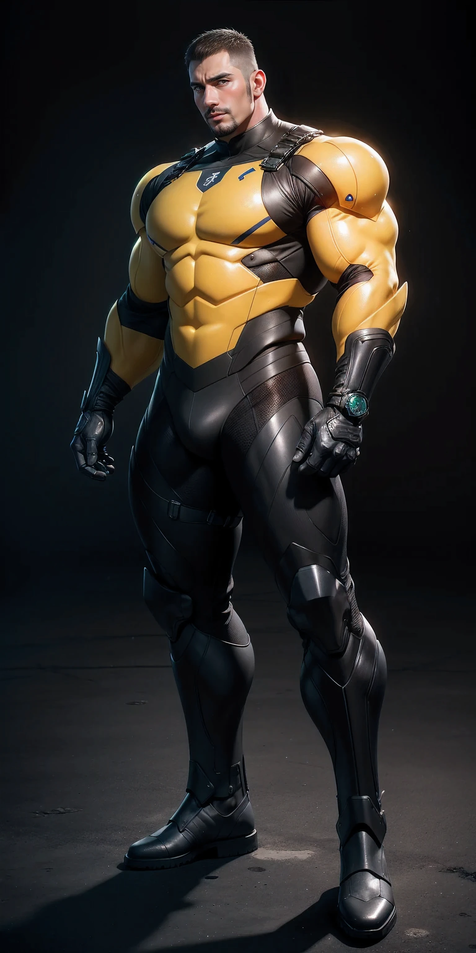 Tall giant muscular police officer，Dark Yellow honeycomb network pattern nano mecha，honeycomb pattern，Lightweight texture，character concept（Resident Evil - chris redfield，chris redfield）senior police officer，small grid texture，regular symmetrical texture pattern，A sad expression，Deep and charming eyes，Emerald Eyes Hero，heroic male pose，tall burly，muscular！Charming leg muscles，High, burly, Heqiang，  Super gain and cool， high resolution committee， Dark Yellow ultra-thin nano mechanical boots for big feet，Charming strong man，The bright sunshine is shining on you，matte particles，shiny texture