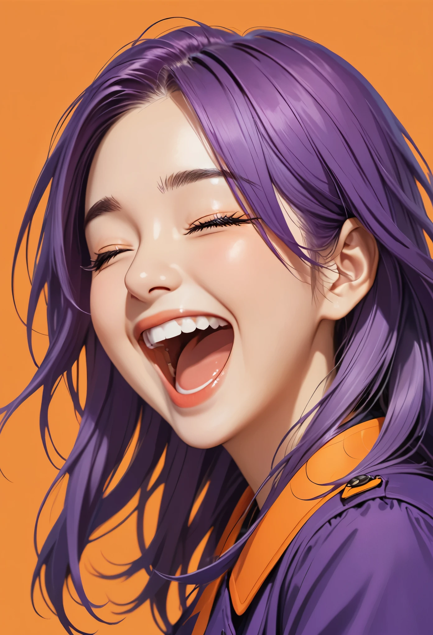 Thunder General, purple hair, eyes closed, a girl is laughing, open mouth, orange background, portrait