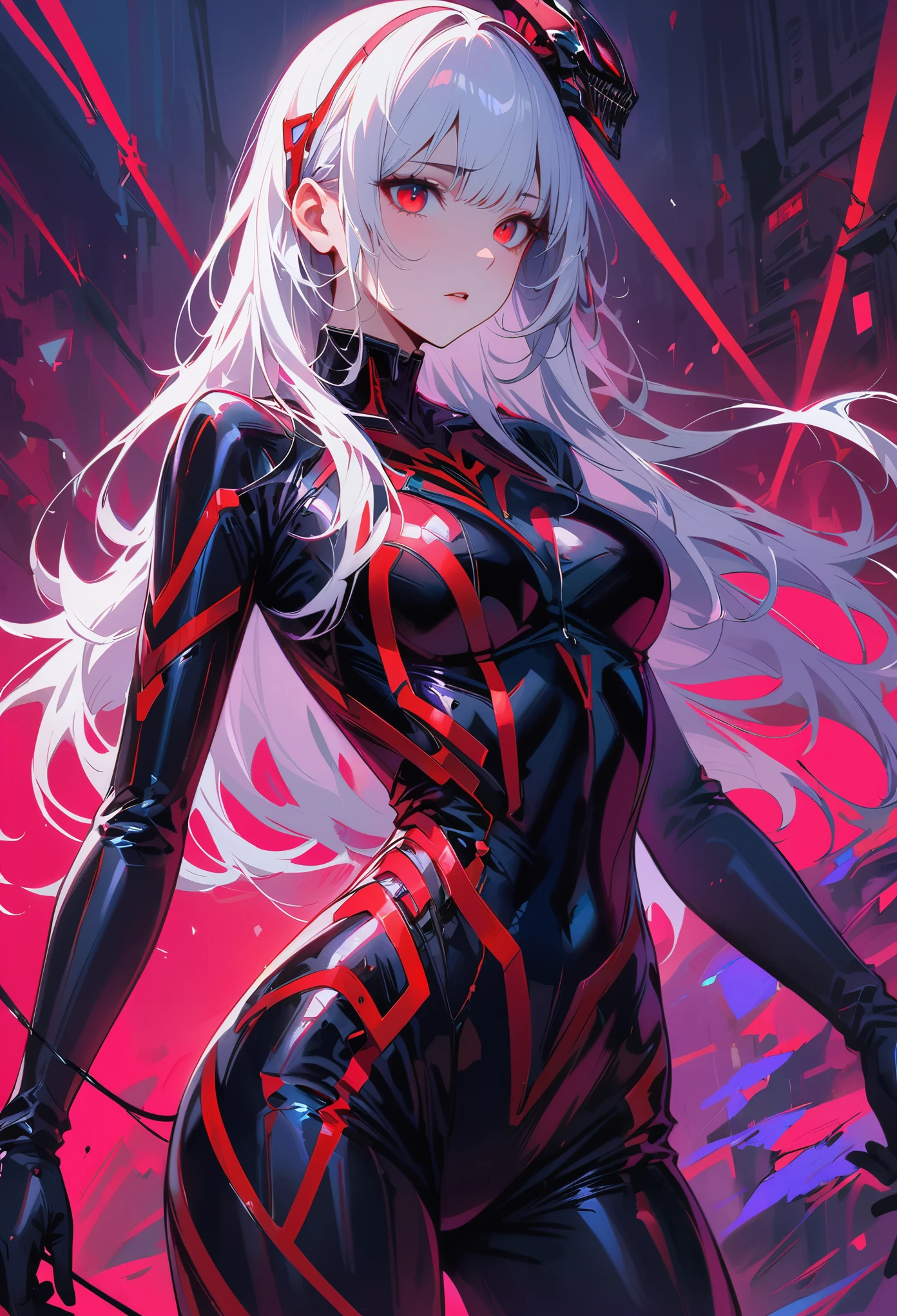 masterpiece, best quality, 8K, Digital painting, 1 girl, solo, stand up, youth, White hair, long white hair, hair accessories, red eyes, round pupils, Emotionless expression, blood stains, Mechanical Parts, electric wire, cable, failure effect, horrifying, science fiction, futuristic, Dark inside the background, neon lights, cyberpunk characters, Surreal, weird, Disturbing, spine-chilling, horrifying, jumpsuit,Red eyes,Venom Possession,blackened,Long black gloves,One-piece Pants,tight latex bodysuit,Highlight her graceful figure,wrap the whole body,symbiont,((Raised sexy)),jumpsuit,Red eyes,Venom Possession,blackened,Long black gloves,One-piece Pants,Black latex clothing,Blood-red eyes,best quality, High resolution, Super detailed, Vivid textures, mask, tight latex bodysuit, Bangs,purple hair, blue eyes