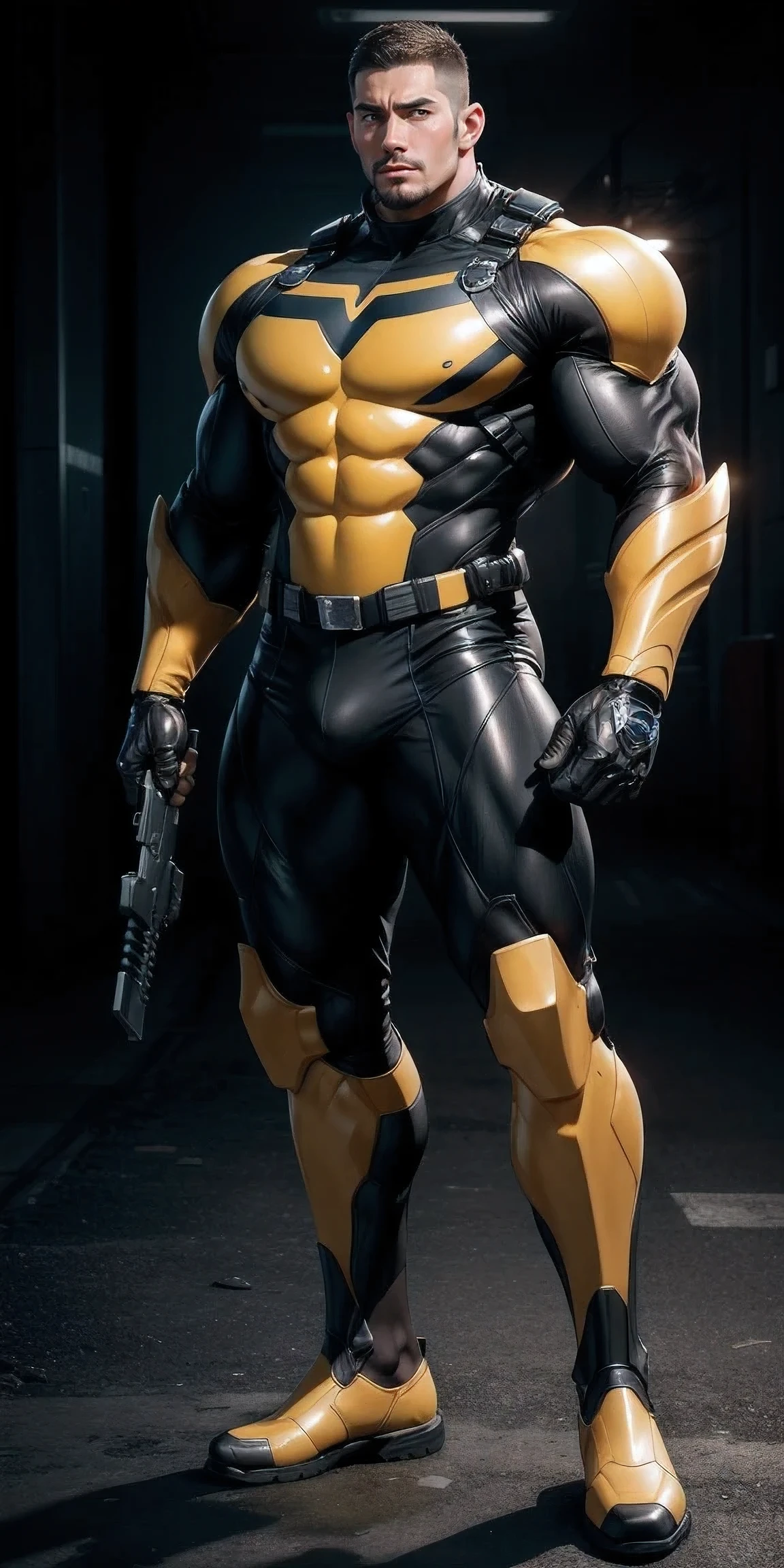 Tall giant muscular police officer, Dark Yellow honeycomb network pattern nano mecha, honeycomb pattern, Lightweight texture, character concept(Resident Evil - chris redfield, chris redfield)senior police officer, The background is a dark yellow luxury police car, regular symmetrical texture pattern, A sad expression, Deep and charming eyes, golden eyed superhero, heroic male pose, tall burly, muscular!Charming leg muscles, High, burly, Heqiang, Super gain and cool, high resolution committee, Dark Yellow ultra-thin nano mechanical boots for big feet, Charming strong man, The bright sunshine is shining on you, matte particles, shiny texture