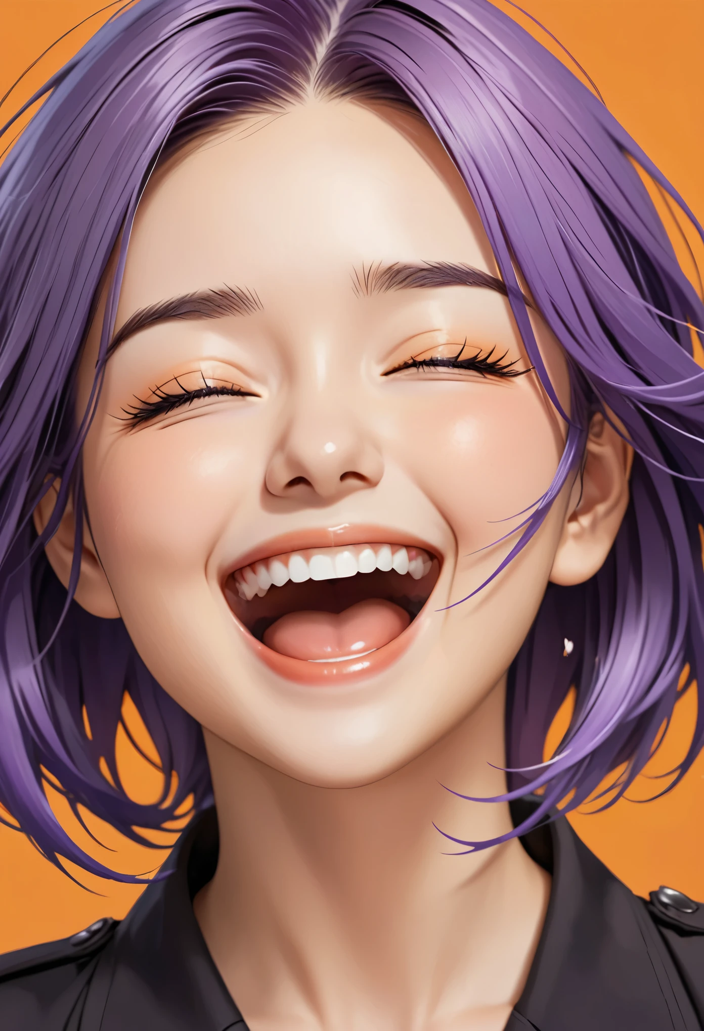 Thunder General, purple hair, eyes closed, a girl is laughing, open mouth, orange background, portrait