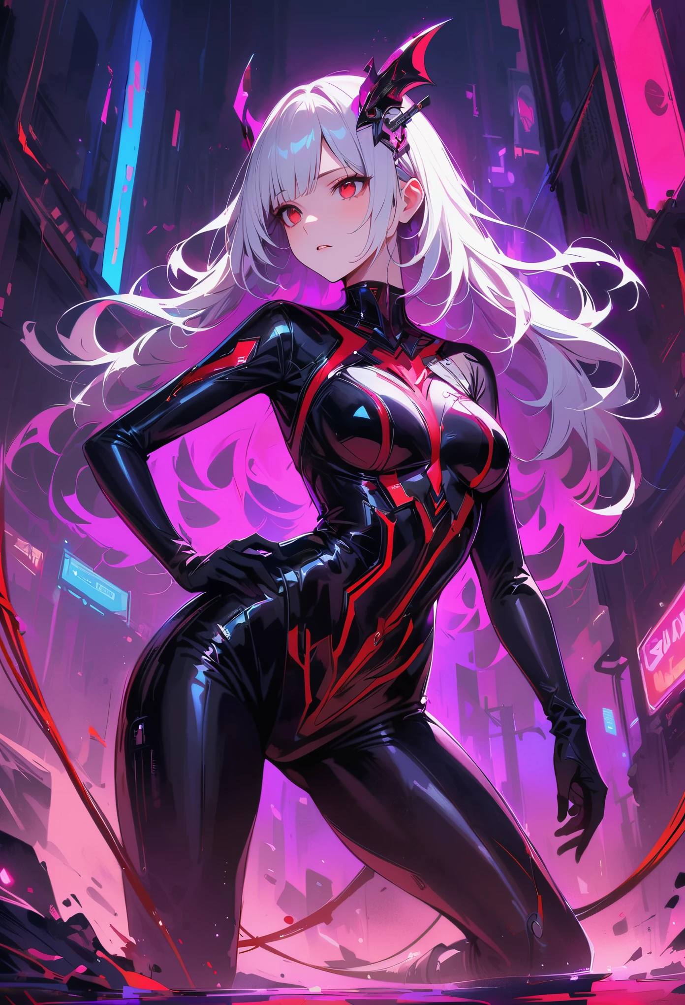 masterpiece, best quality, 8K, Digital painting, 1 girl, solo, stand up, youth, White hair, long white hair, hair accessories, red eyes, round pupils, Emotionless expression, blood stains, Mechanical Parts, electric wire, cable, failure effect, horrifying, science fiction, futuristic, Dark inside the background, neon lights, cyberpunk characters, Surreal, weird, Disturbing, spine-chilling, horrifying, jumpsuit,Red eyes,Venom Possession,blackened,Long black gloves,One-piece Pants,tight latex bodysuit,Highlight her graceful figure,wrap the whole body,symbiont,((Raised sexy)),jumpsuit,Red eyes,Venom Possession,blackened,Long black gloves,One-piece Pants,Black latex clothing,Blood-red eyes,best quality, High resolution, Super detailed, Vivid textures, mask, tight latex bodysuit, Bangs,purple hair, blue eyes