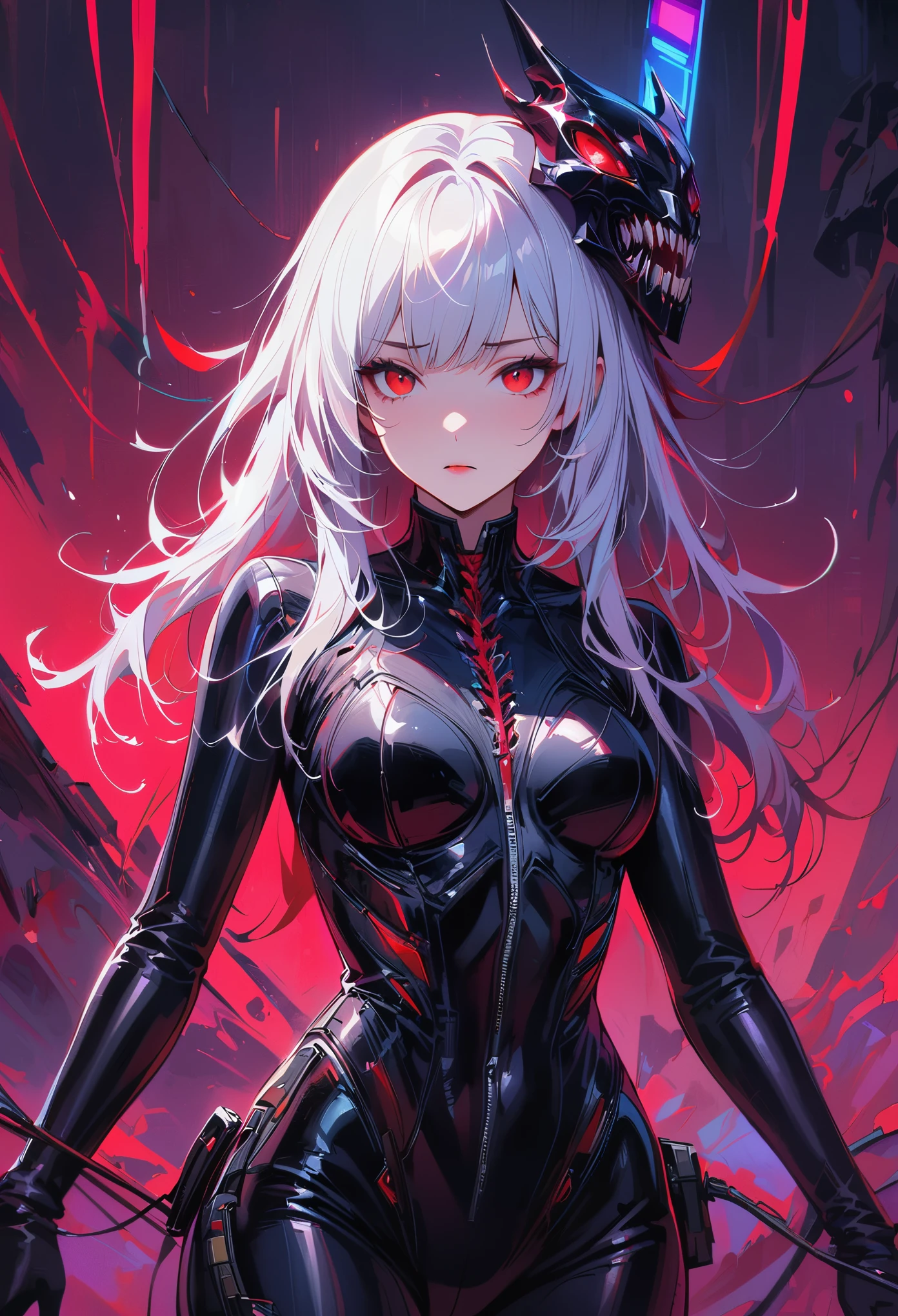 masterpiece， best quality， 8K， Digital painting， 1 girl， solo， stand up， youth， White hair， long white hair， hair accessories， red eyes， round pupils， Emotionless expression， blood stains， Mechanical Parts， electric wire， cable， failure effect， horrifying， science fiction， futuristic， Dark inside the background， neon lights， cyberpunk characters， Surreal， weird， Disturbing， spine-chilling， horrifying， jumpsuit，Red eyes，Venom Possession，blackened，Long black gloves，One-piece Pants，tight latex bodysuit，Highlight her graceful figure,wrap the whole body，symbiont，（（Raised sexy）），jumpsuit，Red eyes，Venom Possession，blackened，Long black gloves，One-piece Pants，Black latex clothing，Blood-red eyes，best quality, High resolution, Super detailed, Vivid textures, mask, tight latex bodysuit, Bangs,purple hair, blue eyes