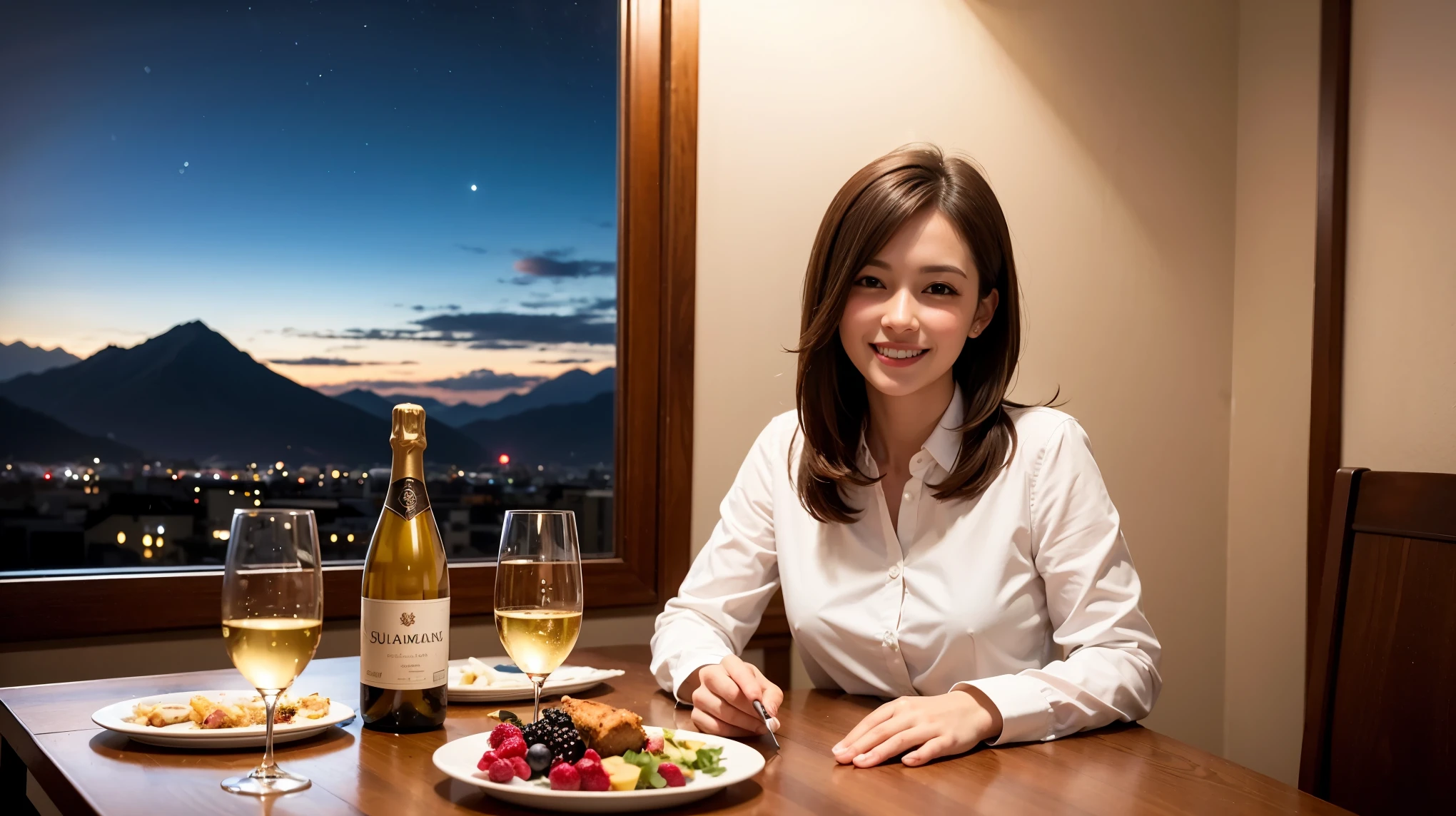 K, Hmm, highest quality, masterpiece: 1.2), (realistic, photorealistic: 1.37), Spectacular view of the sunset sky and clouds、Amazing mountain views、ニコニコ明るいsmile、3 slim beauties, (slim face),Happy、 the best smile、Fox face、Berry Short、(because I'thin), (brown hair), (shortcut), long sleeve shirt、winter fashion、Colombian、Brazilian、Japanese、Dutch、German、Portuguese、Belgian、Italian、French,Champagne、sparkling wine、 (Squirting), (slim body), (brown hair), (shortcut), neat beauty、cheeks turn a little red, (42 years old), 38 years old, alone, A beautiful and detailed night view spreads out outside the window......., restaurant, wine glass is sitting, At night, in a prominent place (from the Upper body) nova frog style, actress, model, Upper body, White wine, slim, wine glass, Very beautiful night view, wine glass Put in the Middle, Happy smile, (smile: 1.15),