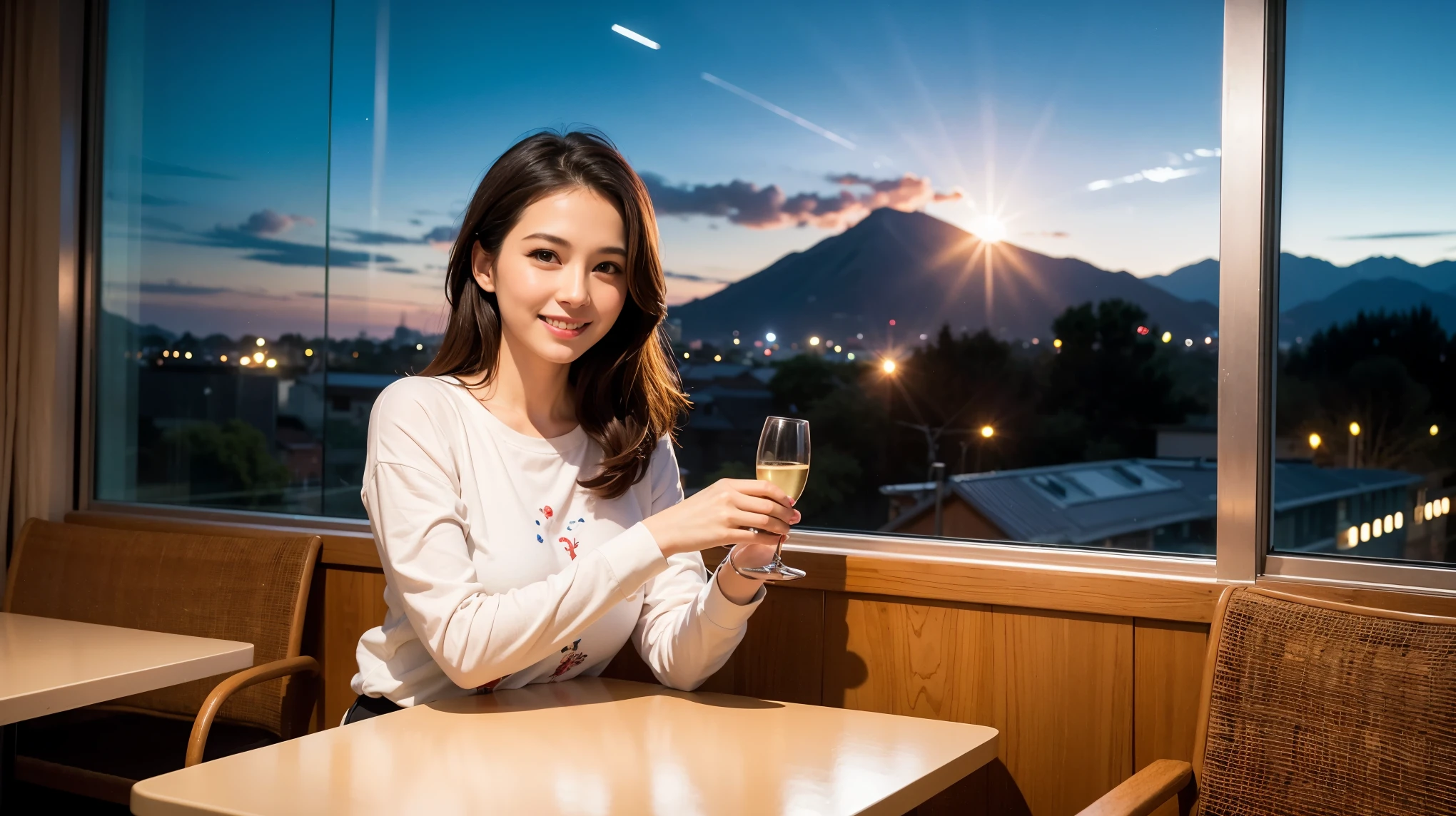 K, Hmm, highest quality, masterpiece: 1.2), (realistic, photorealistic: 1.37), Spectacular view of the sunset sky and clouds、Amazing mountain views、ニコニコ明るいsmile、3 slim beauties, (slim face),Happy、 the best smile、Fox face、Berry Short、(because I'thin), (brown hair), (shortcut), long sleeve shirt、winter fashion、Colombian、Brazilian、Japanese、Dutch、German、Portuguese、Belgian、Italian、French,Champagne、sparkling wine、 (Squirting), (slim body), (brown hair), (shortcut), neat beauty、cheeks turn a little red, (42 years old), 38 years old, alone, A beautiful and detailed night view spreads out outside the window......., restaurant, wine glass is sitting, At night, in a prominent place (from the Upper body) nova frog style, actress, model, Upper body, White wine, slim, wine glass, Very beautiful night view, wine glass Put in the Middle, Happy smile, (smile: 1.15),