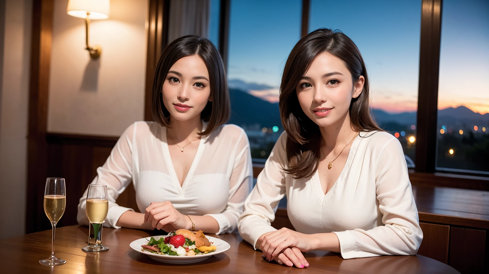 K, UHD, highest quality, masterpiece: 1.2), (realistic, photorealistic: 1.37), Spectacular view of the sunset sky and clouds、Amazing mountain views、A bright smile、3 slim beauties, (slim face),Happy、 the best smile、Fox face、Berry Short、(because I&#39;thin), (brown hair), (shortcut), long sleeve shirt、winter fashion、Japanese、Dutch、German、Portuguese、Belgian、Italian、French,Champagne、SparKling wine、 (gush), (slim body), (brown hair), (shortcut), neat beauty、cheeKs blush a little, (41 years old), 38 years old, alone, A beautiful and detailed night view spreads out outside the window..., restaurant, wine glass is sitting, At night, in a prominent place (from the Upper body) nova frog style, actress, model, Upper body, White wine, slim, wine glass, very beautiful night view, wine glass Put in the Middle, Happy smile, (smile: 1.15), 