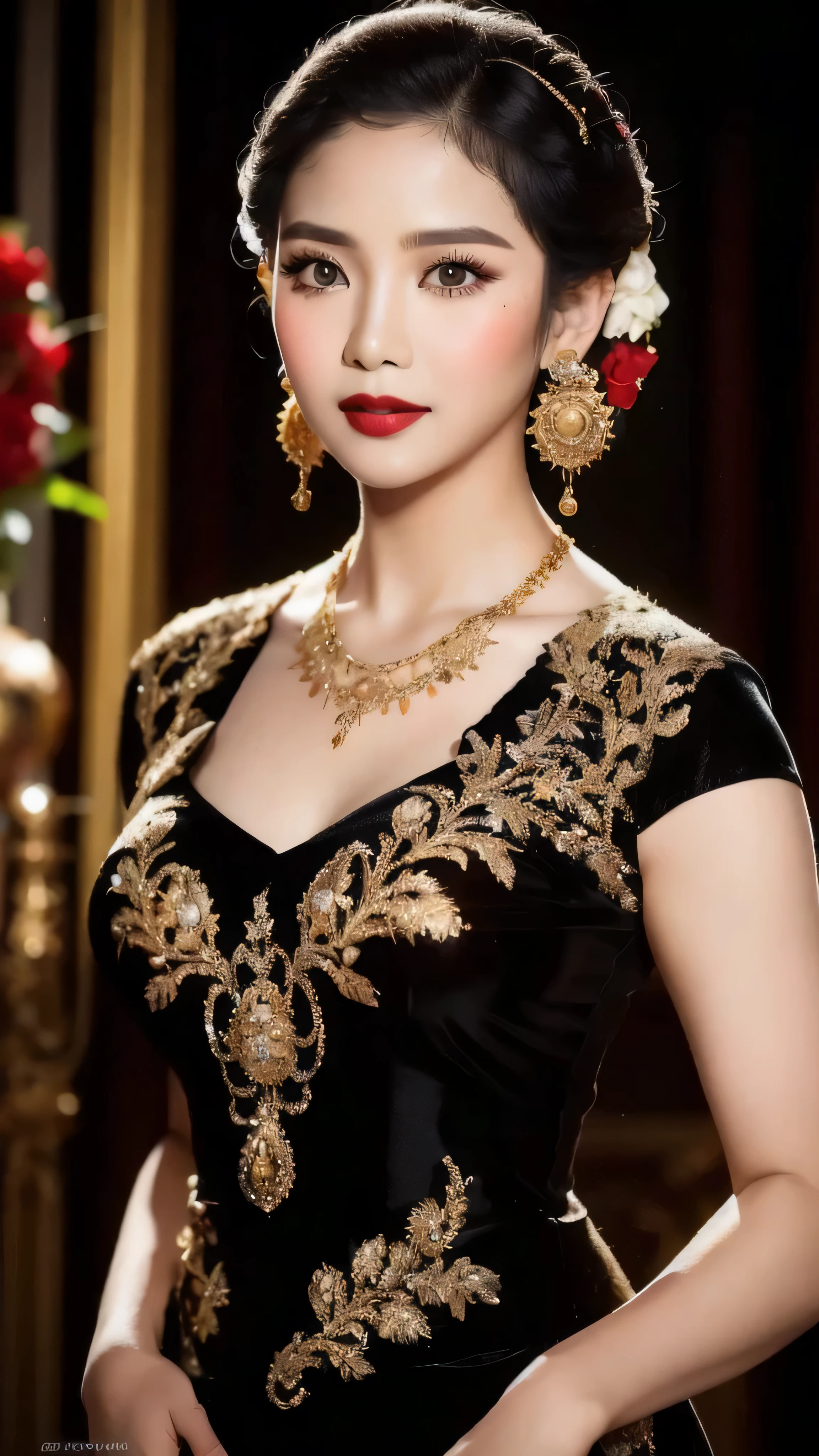 photography, woman, portrait of java wedding woman in black long kebaya dress traditional, red lipstick, golden necklace, earrings, ornate, detail, flowers, blury background, soft fokus