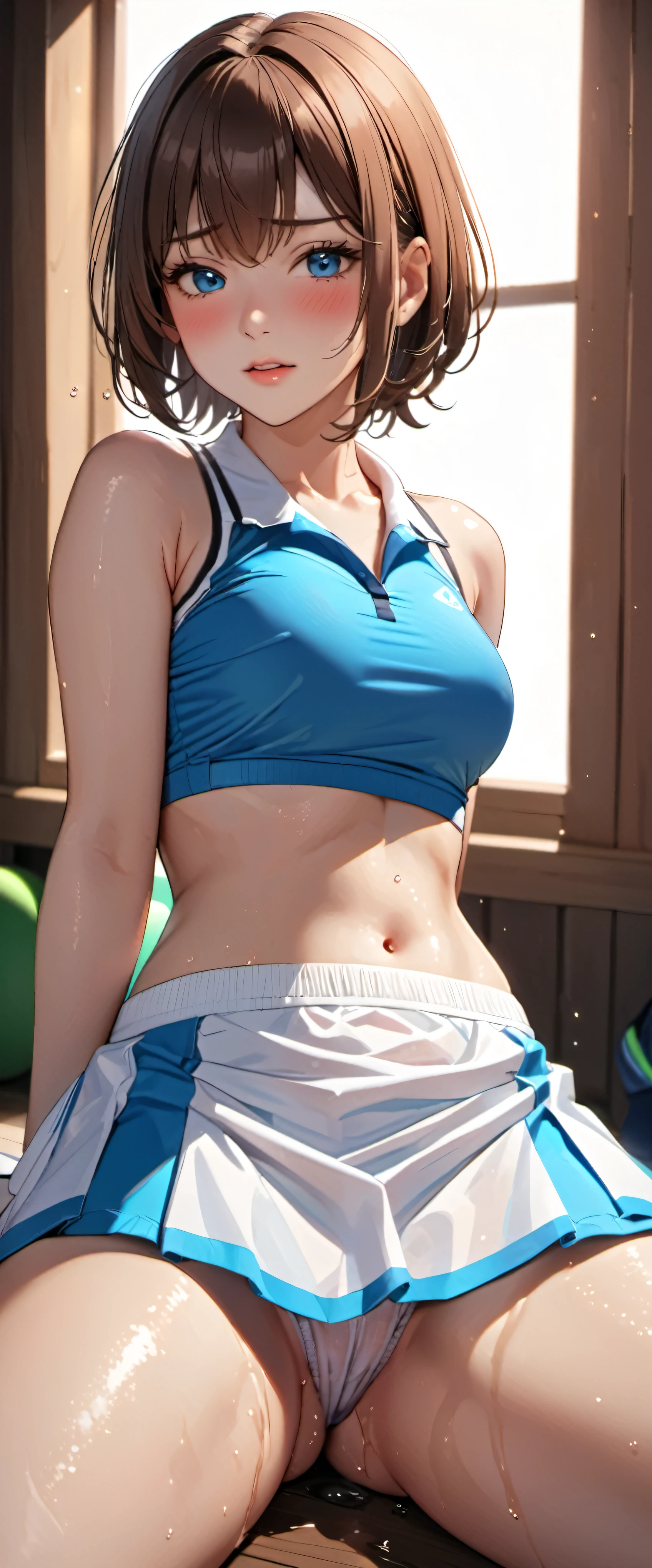 woman,25 years old,brown hair,tennis uniform,short hair,blue eyes,Mansuji, ,,I can see my underwear,Full body Esbian, (close shot, highest quality, High resolution, 4k, detailed lighting, shader, NSFW), embarrassed look ( blush:1.2)sit on top,spread your legs wide,(((A large amount of all over the body)))(wet with water)