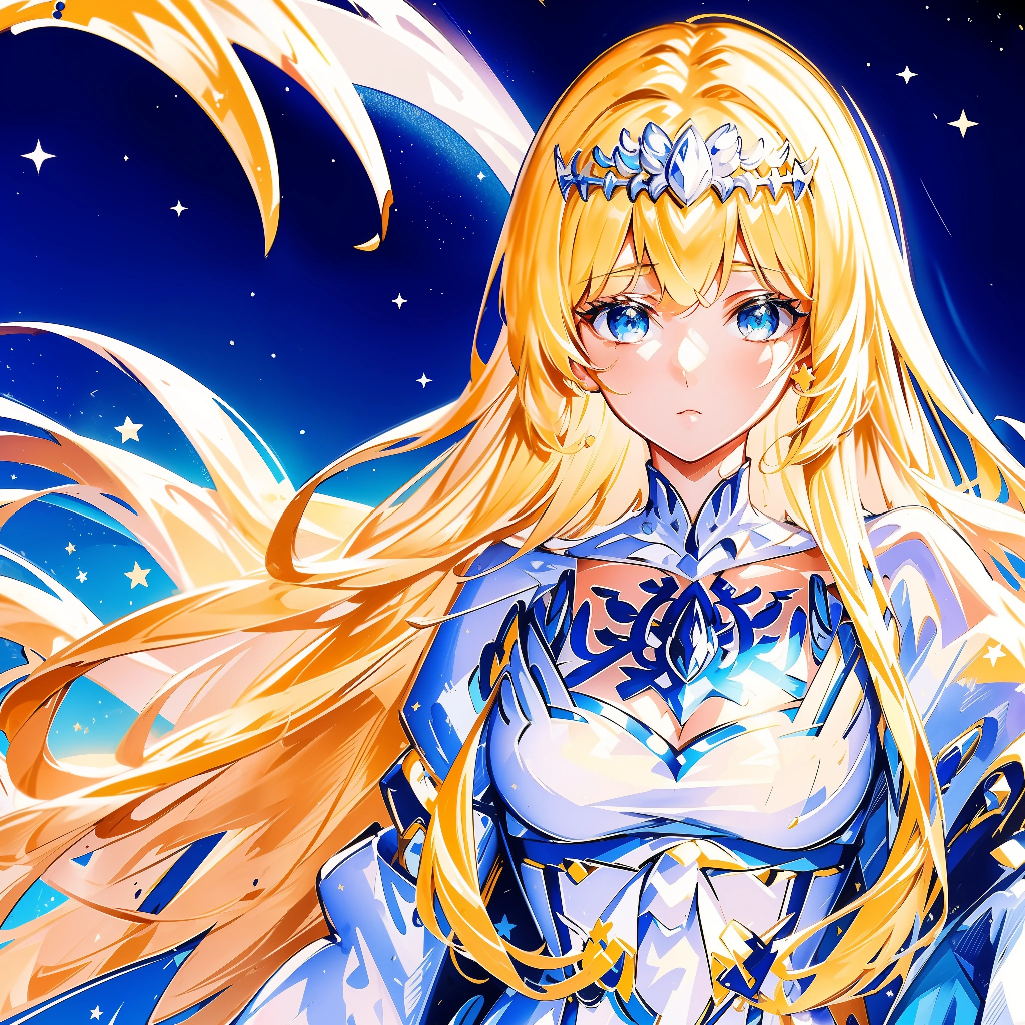 (masterpiece, best quality), intricate details, 8k, artstation, sharp focus, 1girl, star guardian, (cool color theme), 1girl, Calca, blonde hair, extremely long hair, white tiara, tiara on her head, white dress, blue eyes, medium breasts