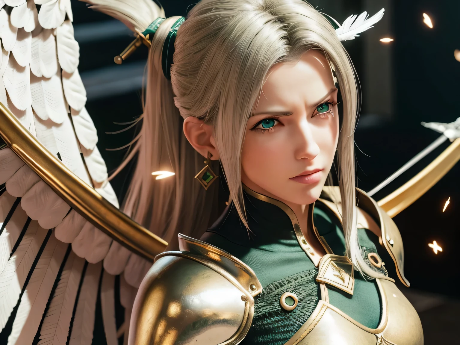 8k,​ masterpiece, best quality, ff7r style, Rhea, AraneaHighwind, 1girl, ((white hair)), ((green eyes)), long hair, high ponytail, portrait, blurry background, ((gold armor)), ((holding a lance)), lance, earrings, gloves, white dress, solo, forehead protector, ((dragoon)), facing viewer, cinematic lighting, dynamic pose, chainmail, breastplate, hair ornament, feather wing, light particles