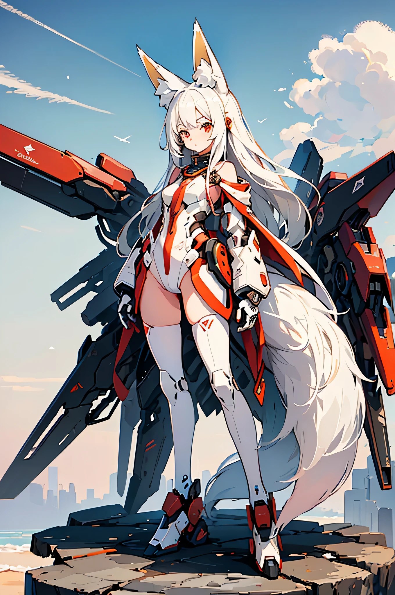 1 girl with long white hair, fox ears, fox tail, standing, full mecha body, looking at viewer 